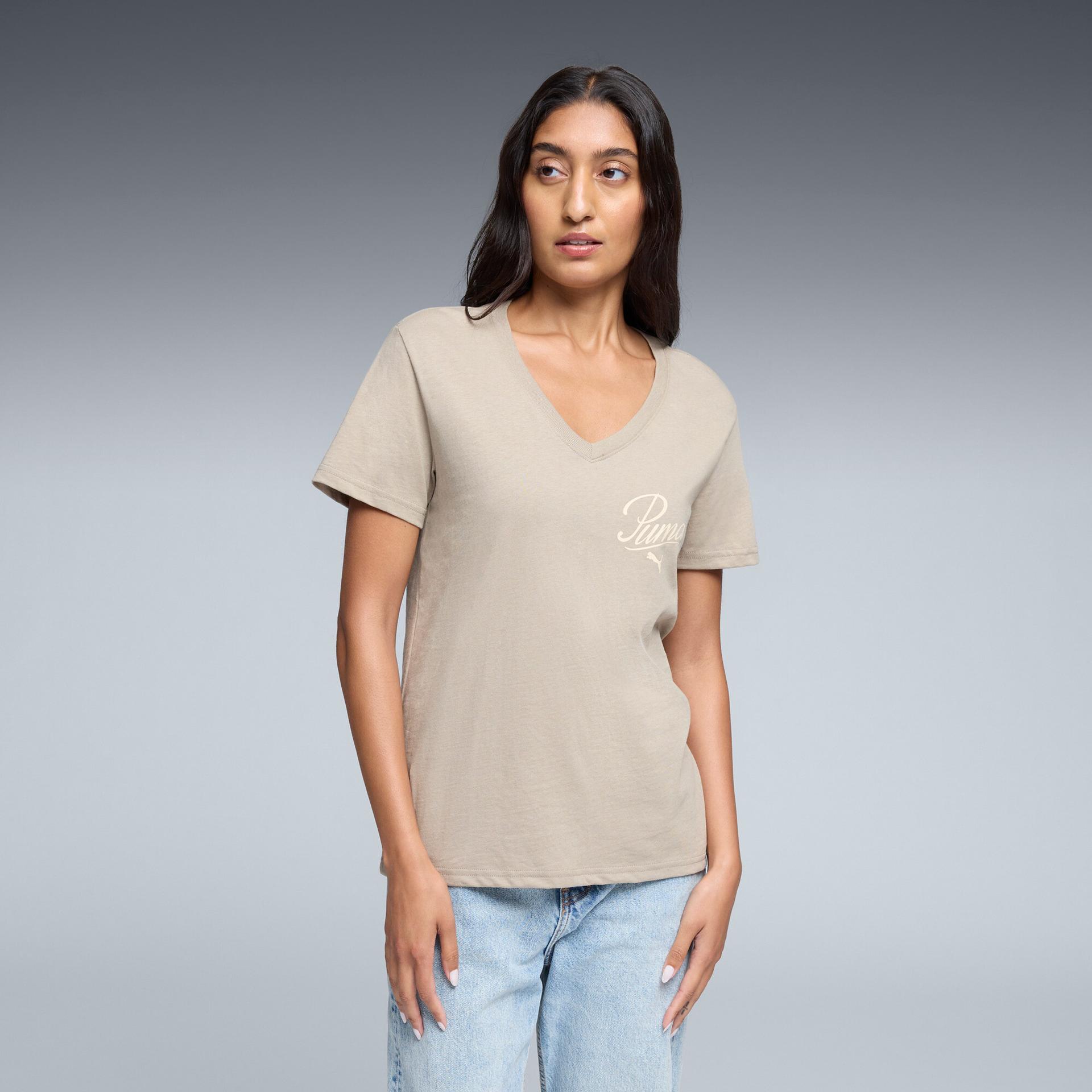 puma essentials script women's v-neck t-shirt in beige, size xs