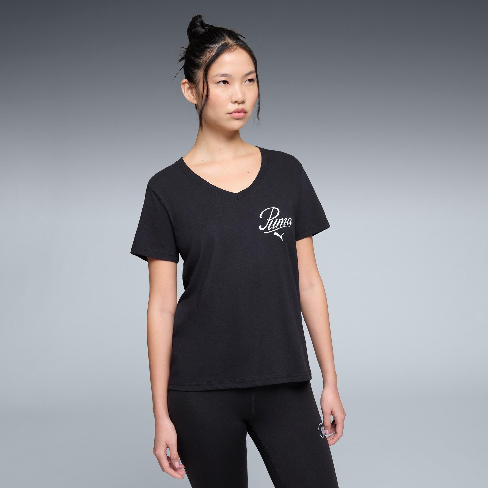 puma essentials script women's v-neck t-shirt in black, size xs
