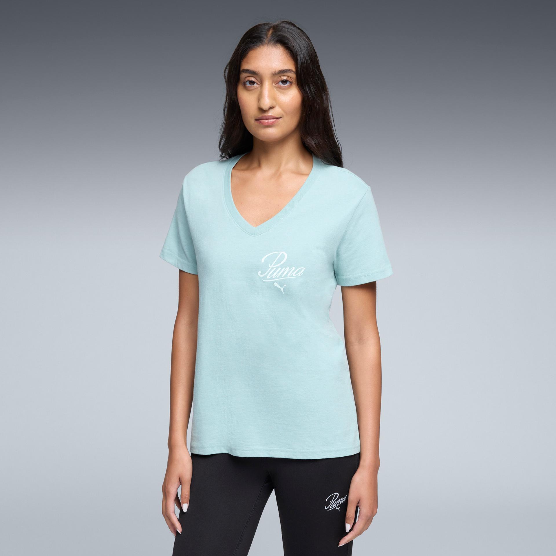 puma essentials script women's v-neck t-shirt in green, size xs