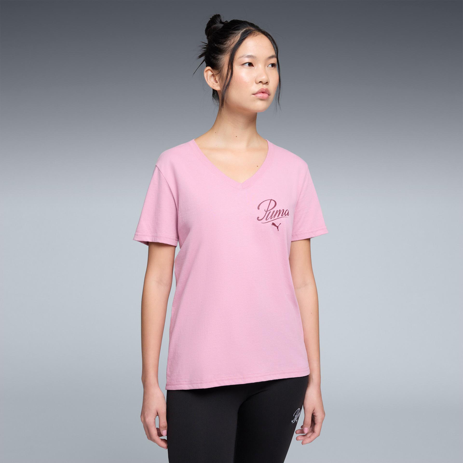 puma essentials script women's v-neck t-shirt in pink, size s