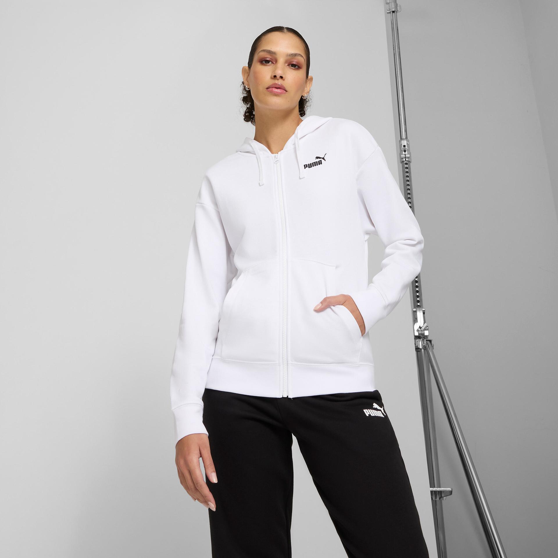 puma essentials small no. 1 logo french terry women's comfort full-zip hoodie in white, size xl