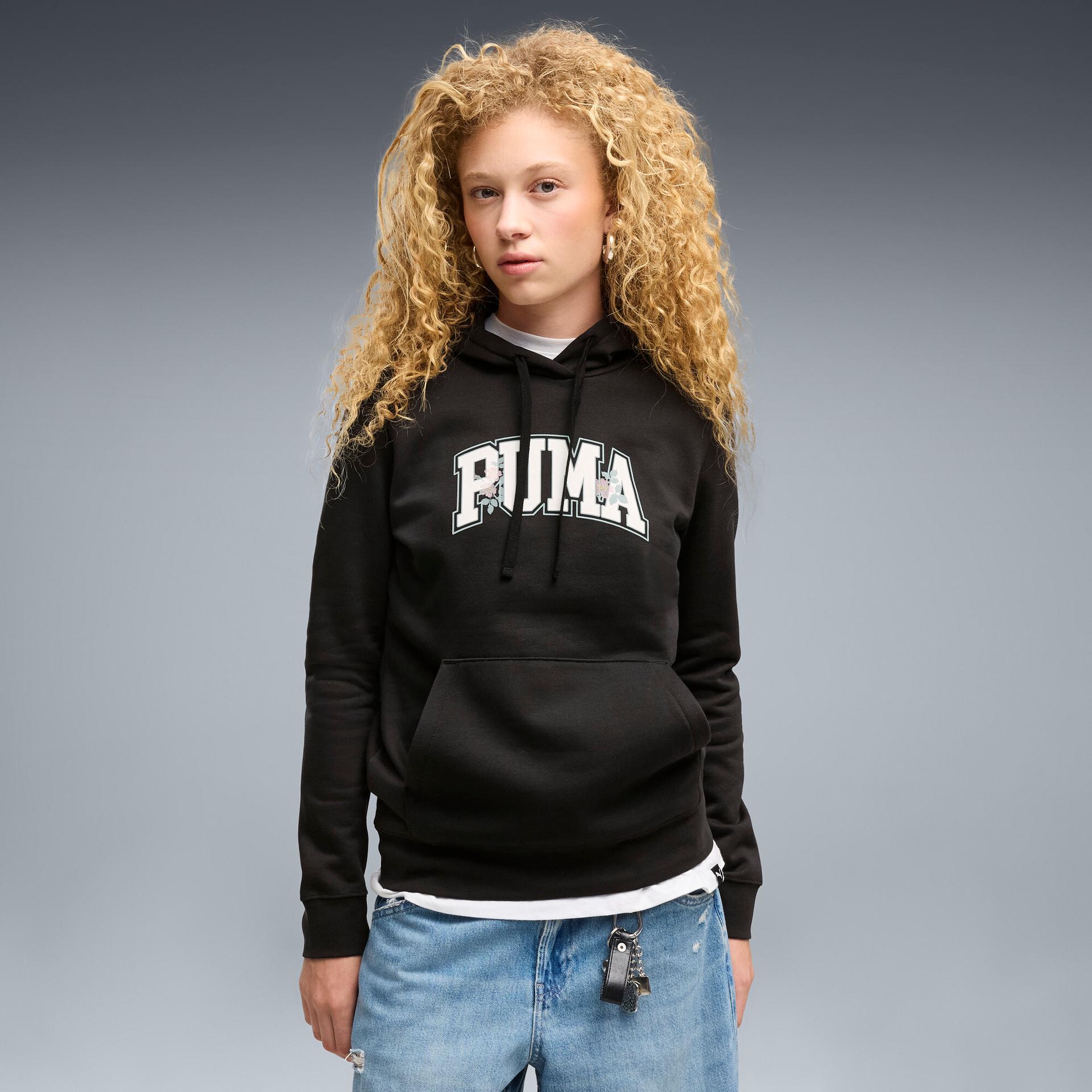 puma essentials varsity florals women's hoodie in black, size xxl