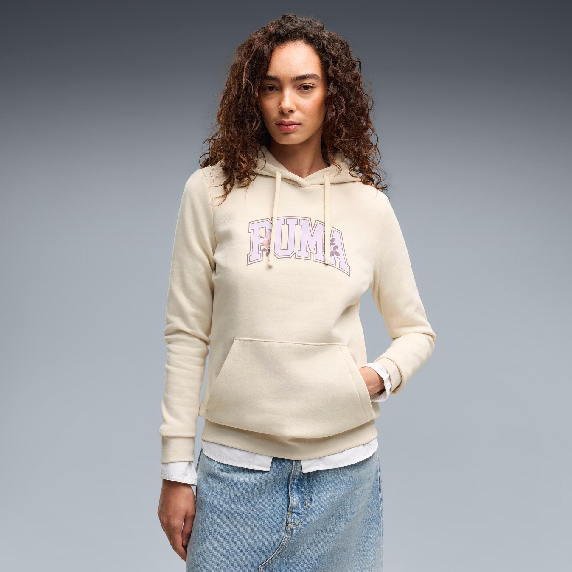 puma essentials varsity florals women's hoodie in white, size xl