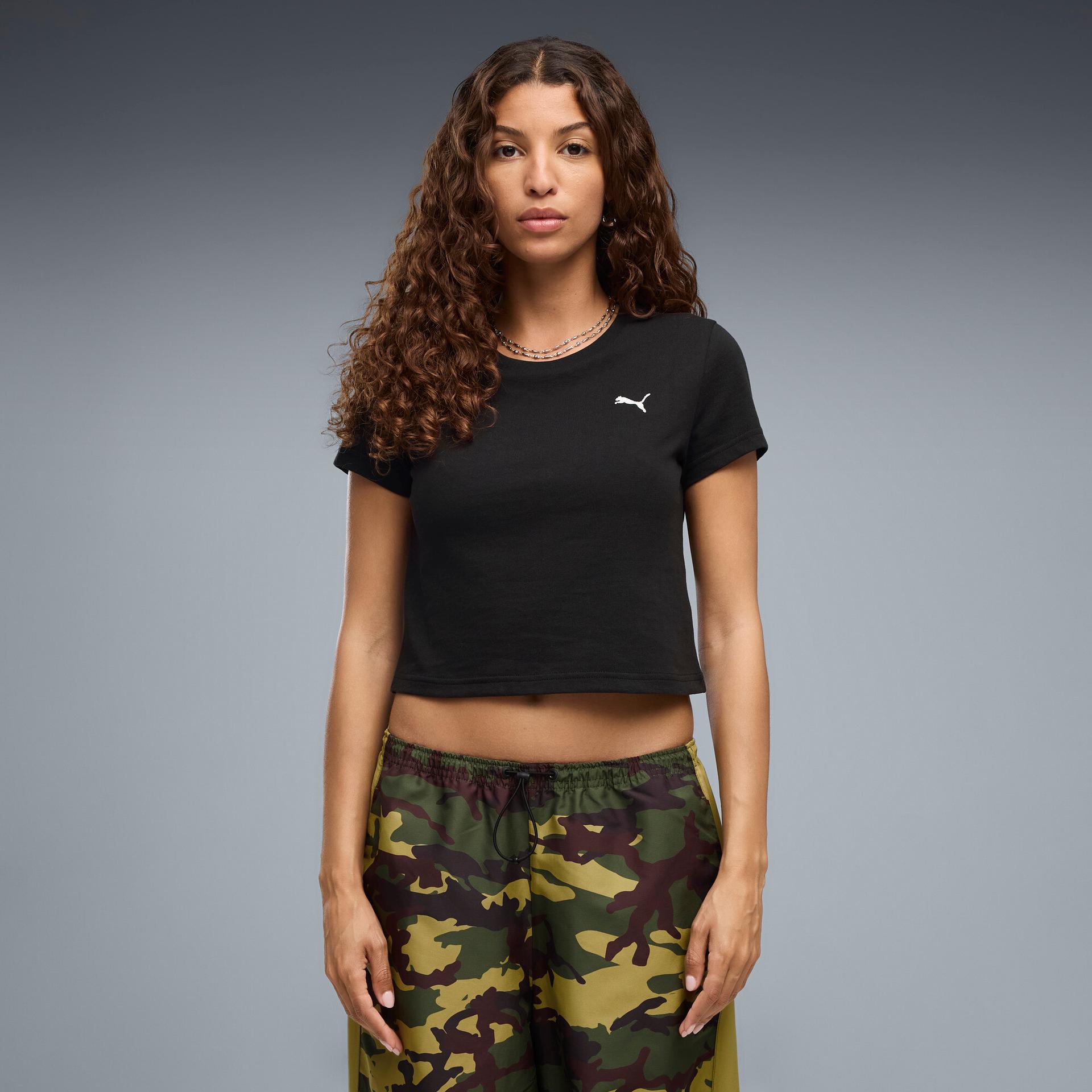 puma essentials women's baby t-shirt in black, size l