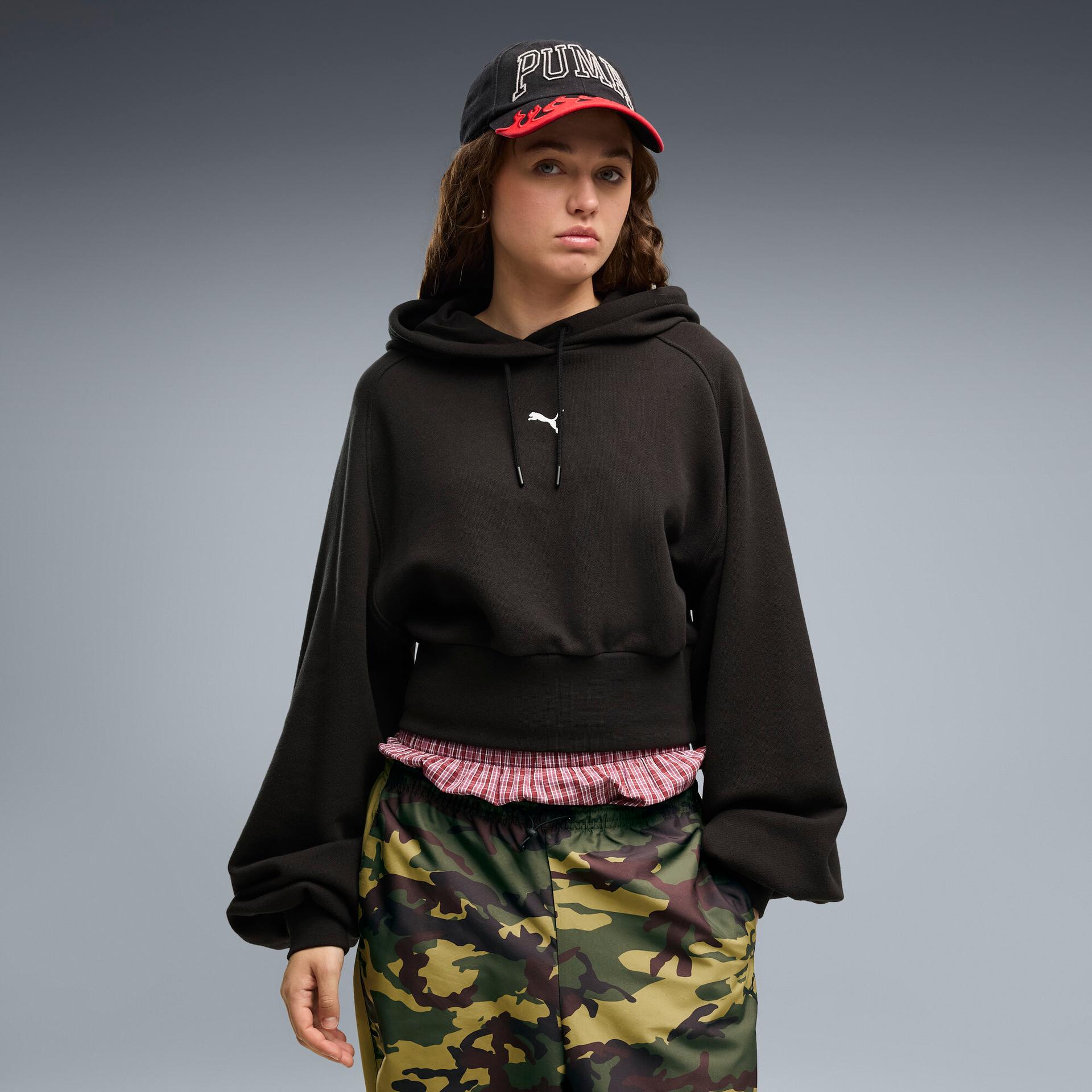 puma essentials women's cropped balloon sleeve hoodie in black, size s
