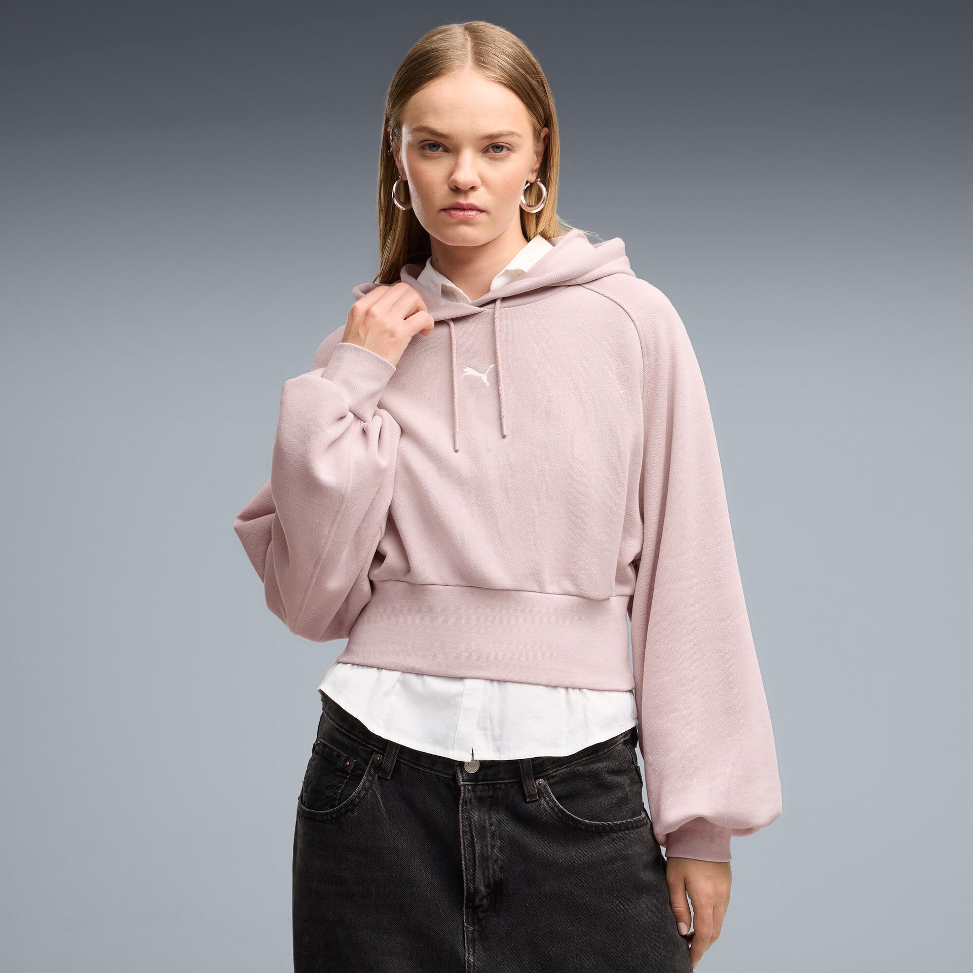 puma essentials women's cropped balloon sleeve hoodie in pink, size l