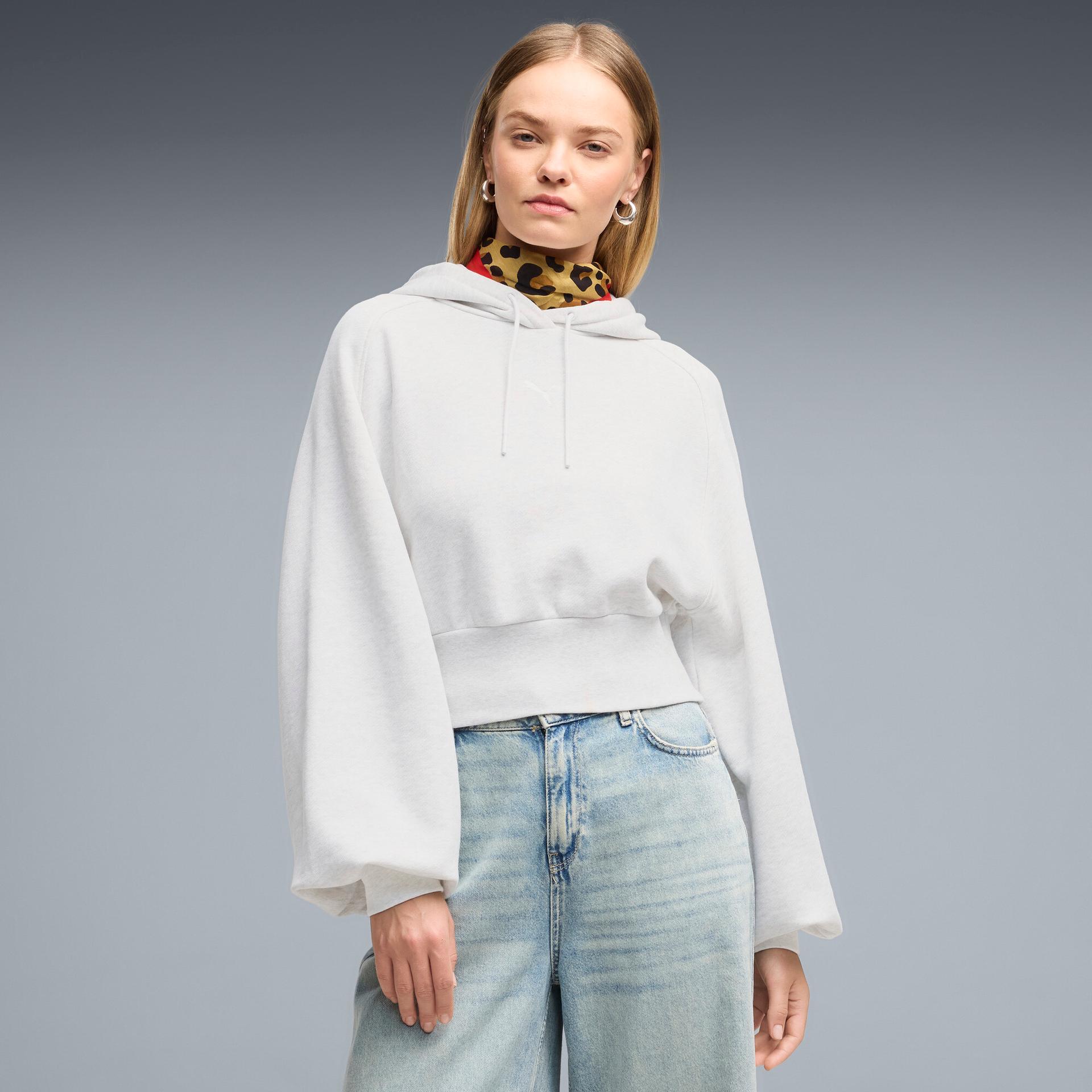puma essentials women's cropped balloon sleeve hoodie in white, size s