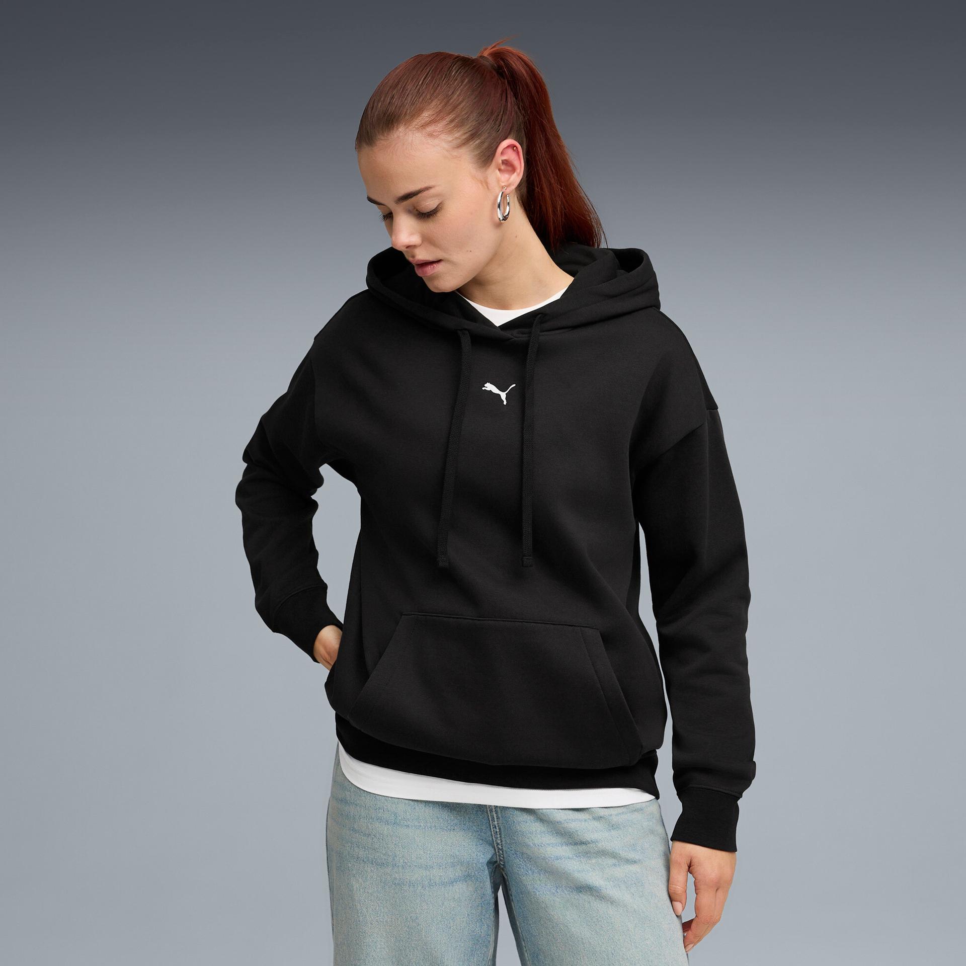 puma essentials women's fleece relaxed hoodie in black, size 3xl