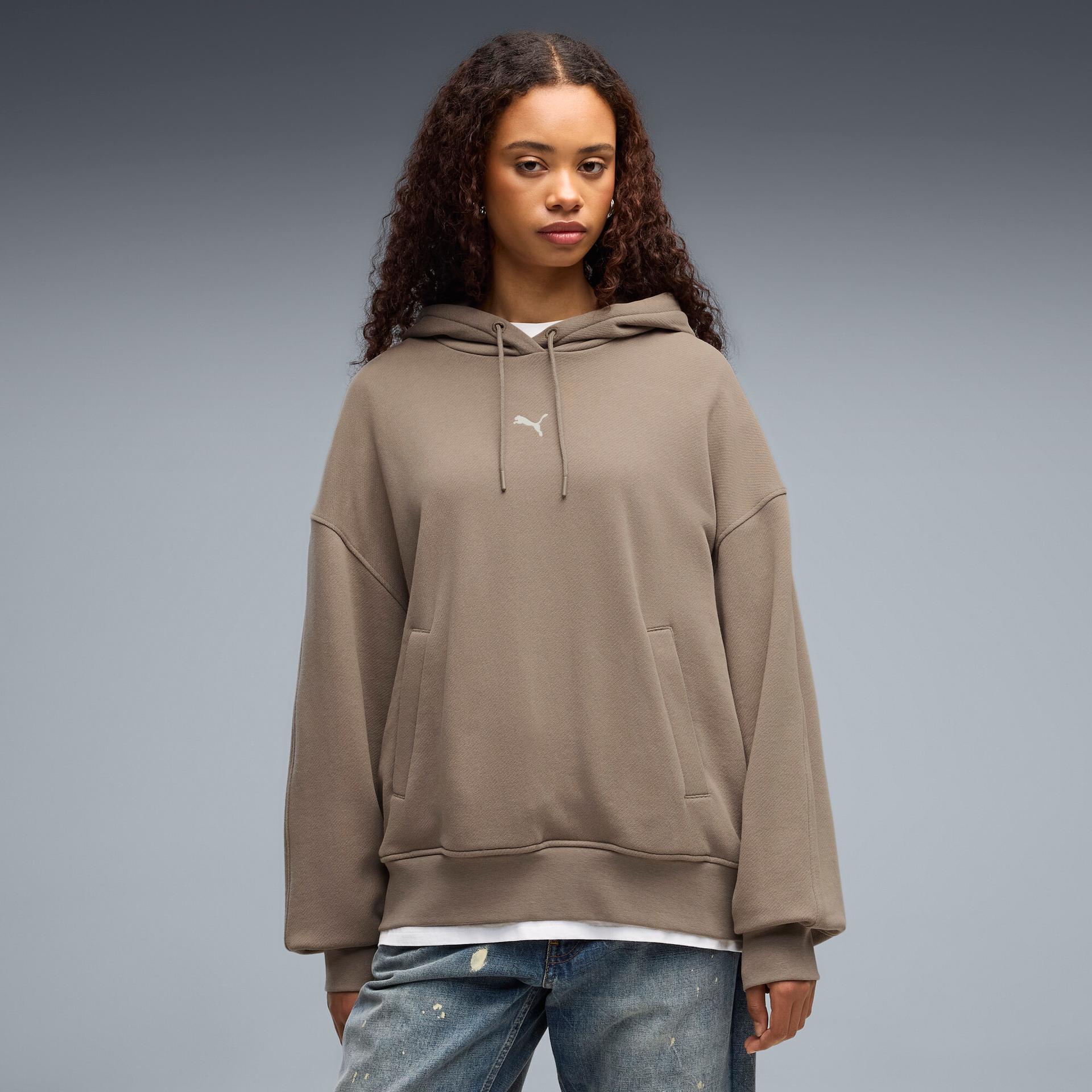 puma essentials women's oversized hoodie in beige, size xl
