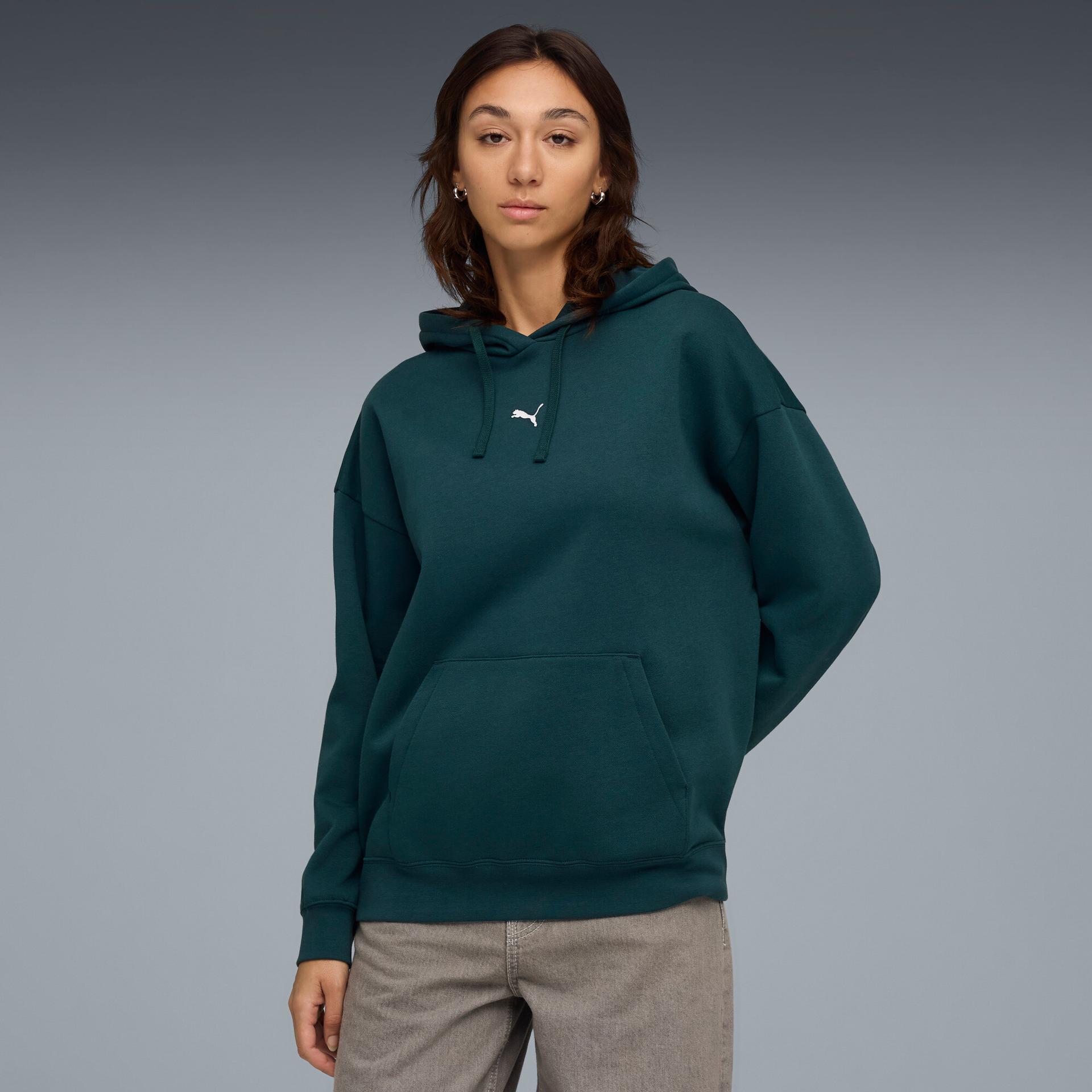 puma essentials women's oversized hoodie in green, size s