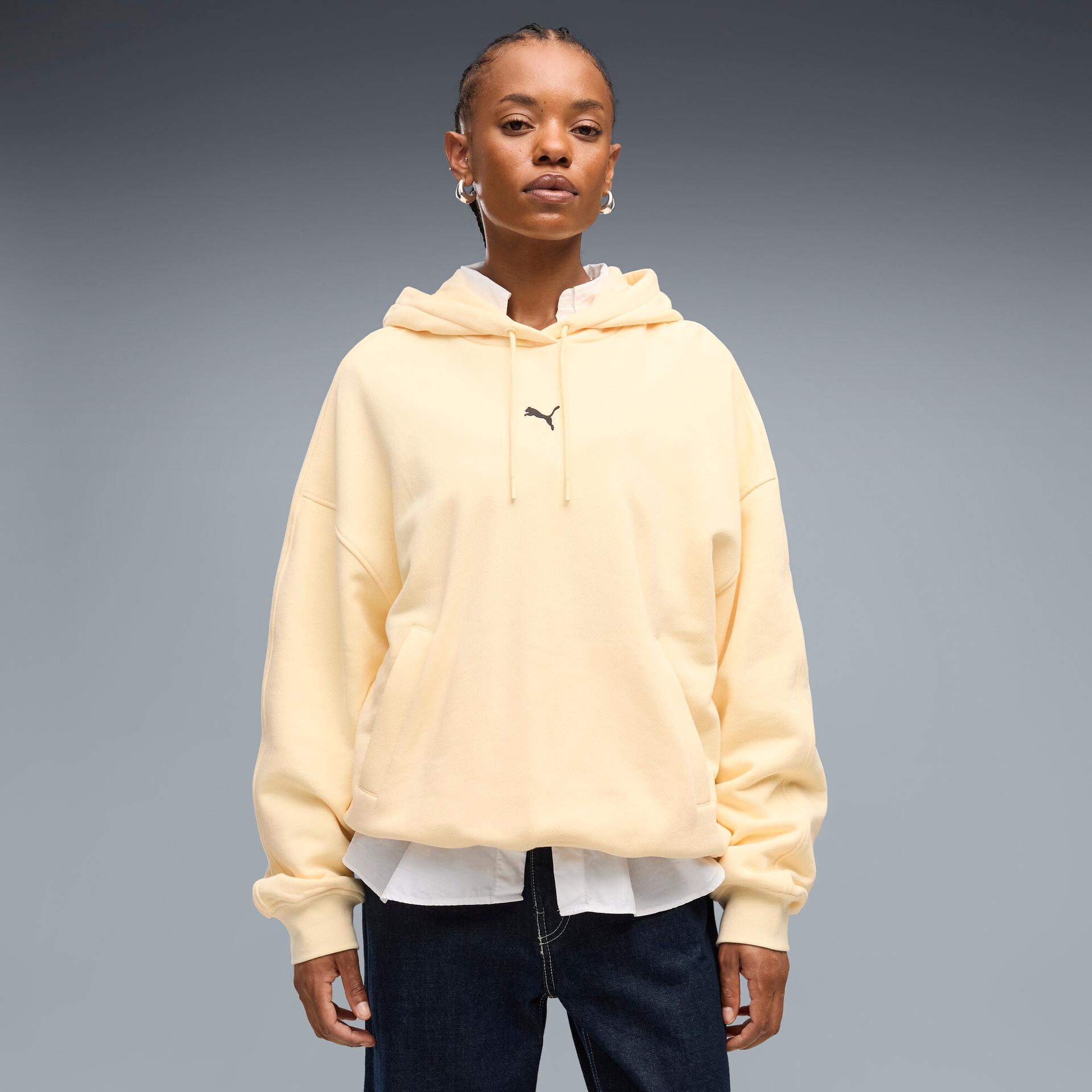 puma essentials women's oversized hoodie in yellow, size xs