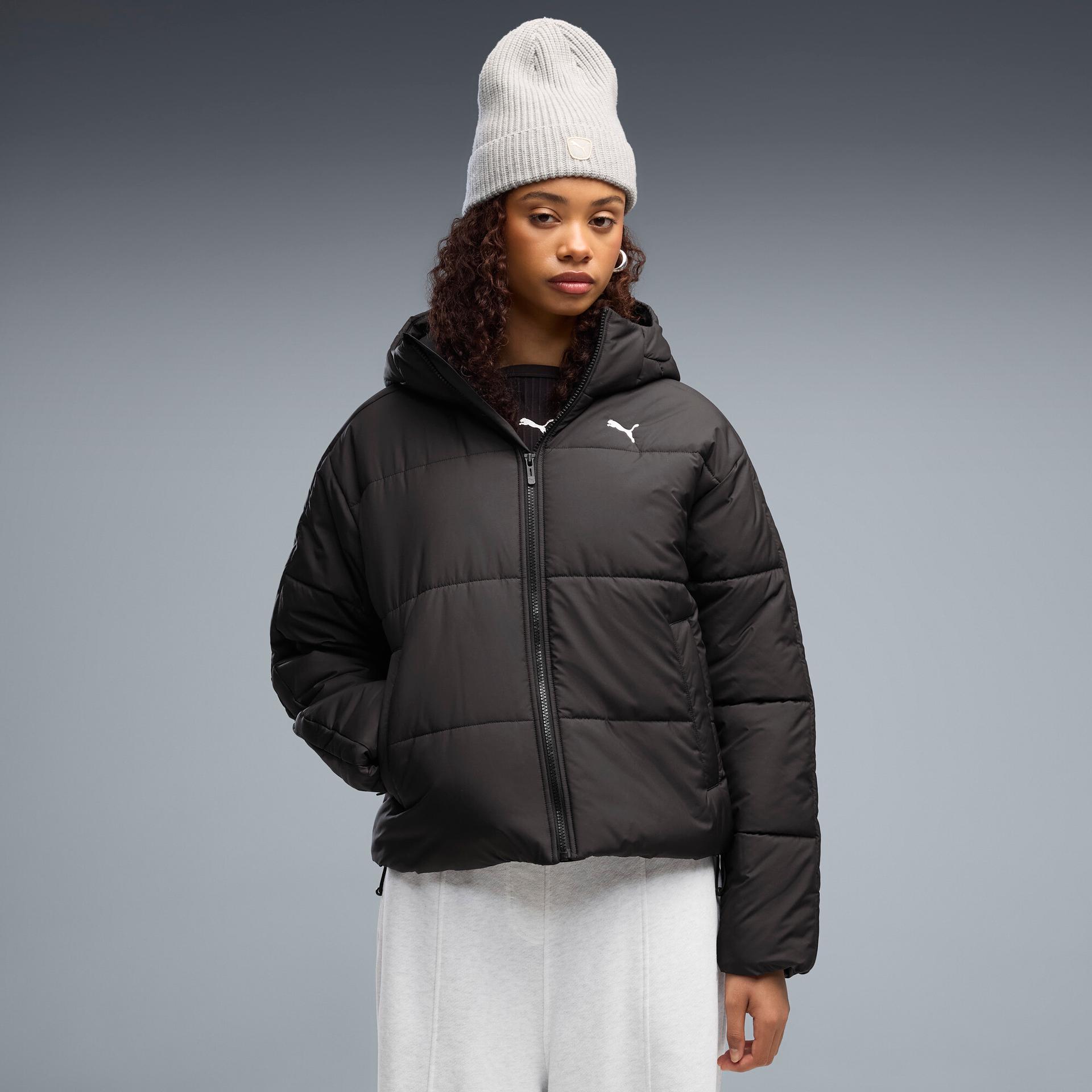 puma essentials women's relaxed hooded padded jacket in black, size l