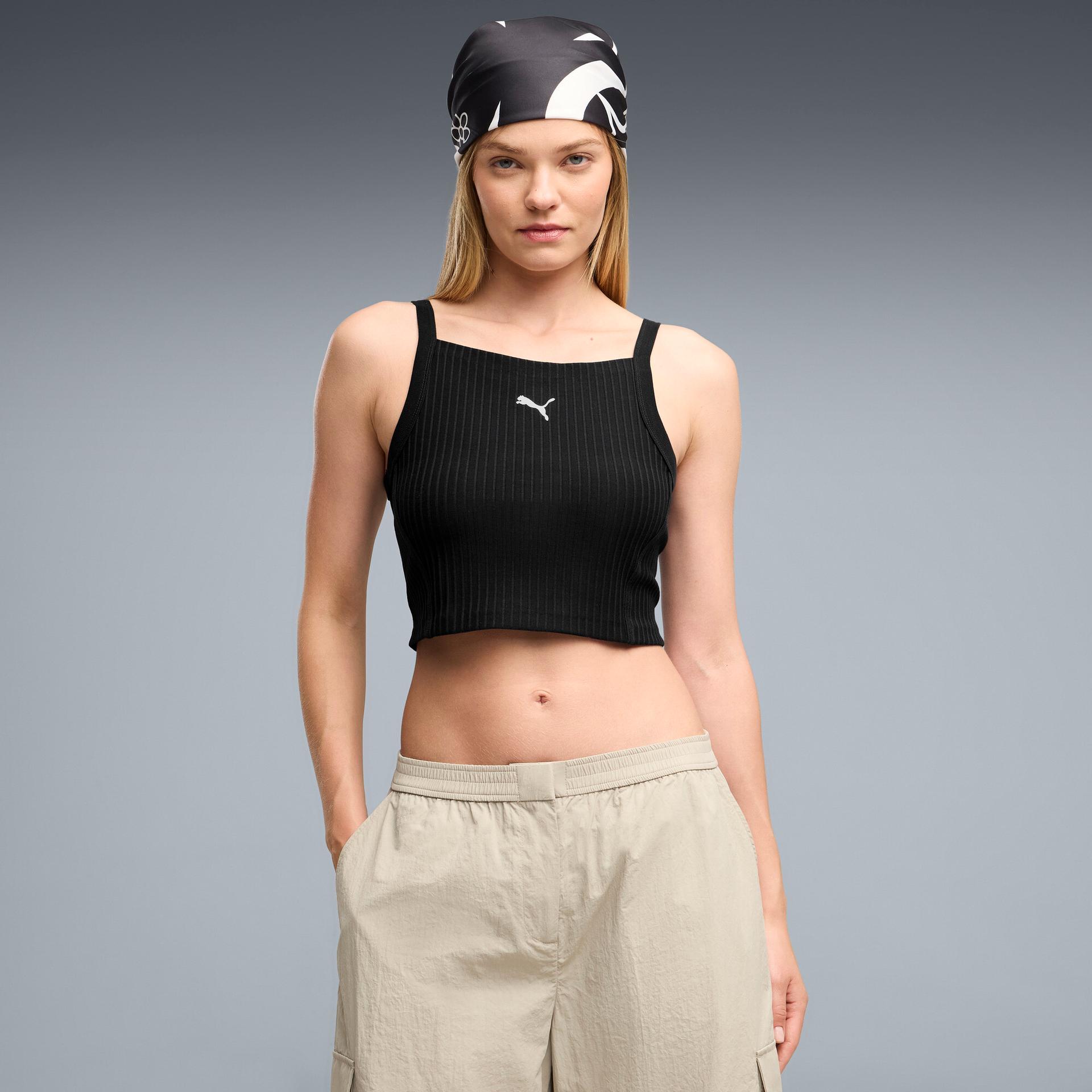 puma essentials women's ribbed crop top in black, size m