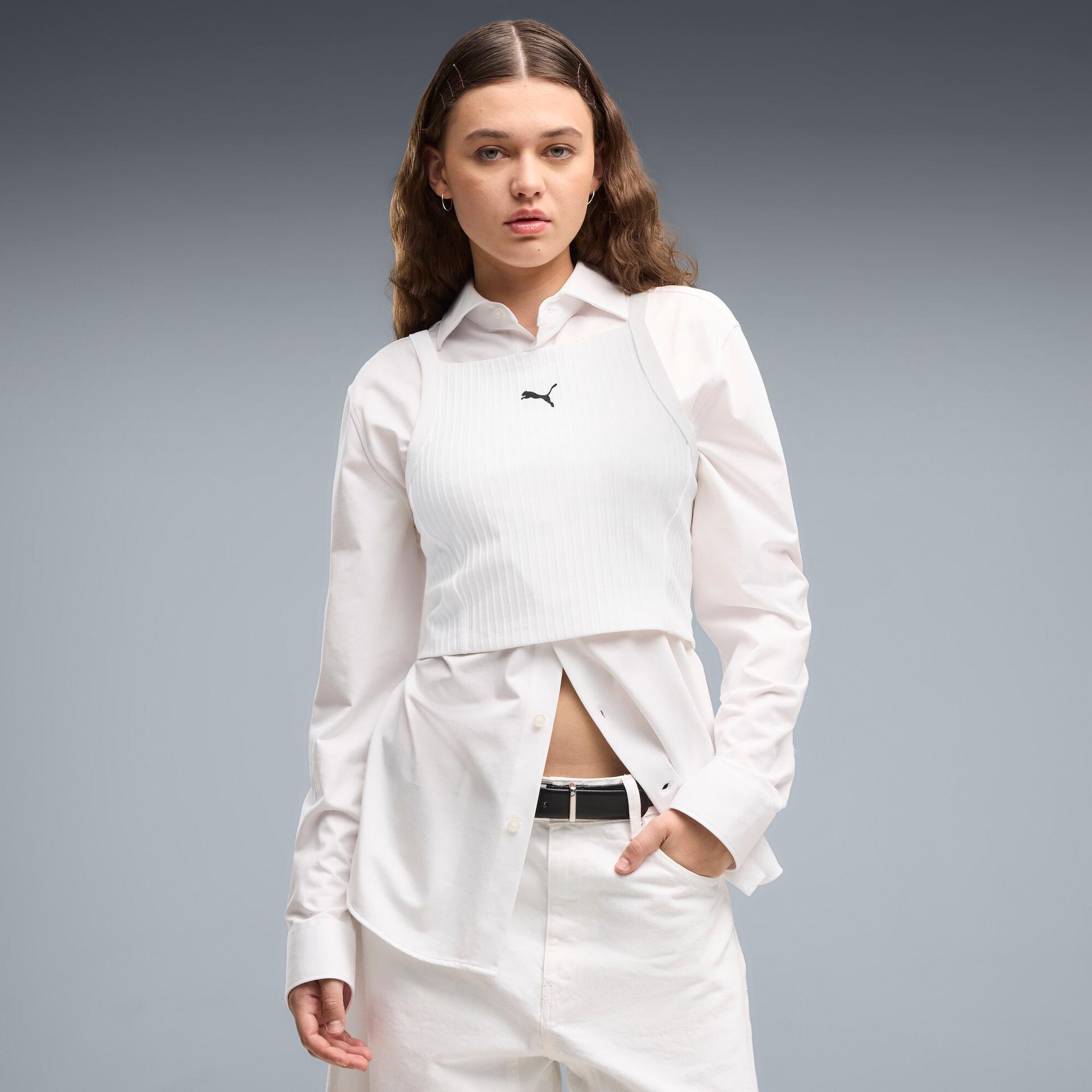 puma essentials women's ribbed crop top in white, size s