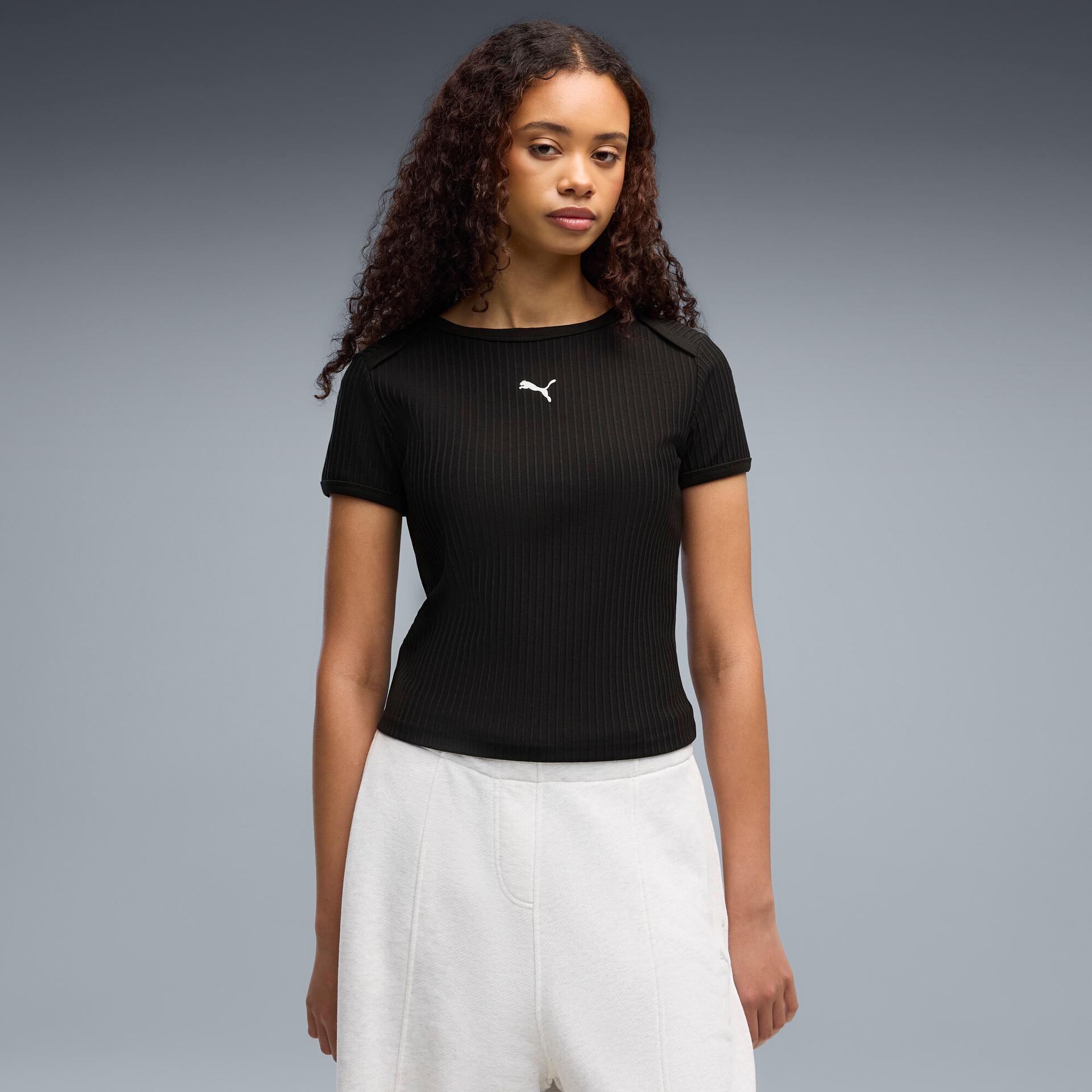 puma essentials women's ribbed slim t-shirt in black, size s