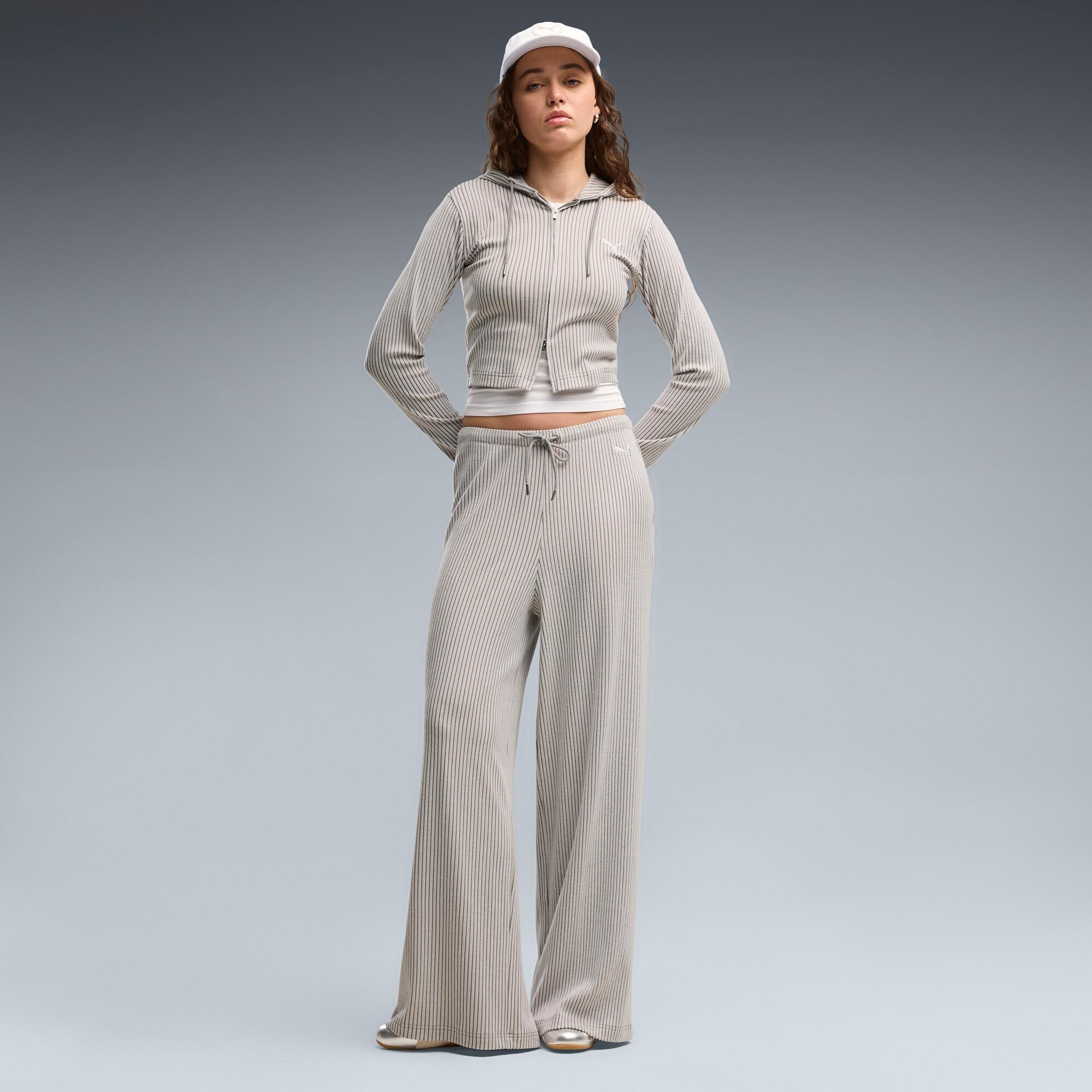puma essentials women's ribbed wide leg pants in beige, size l