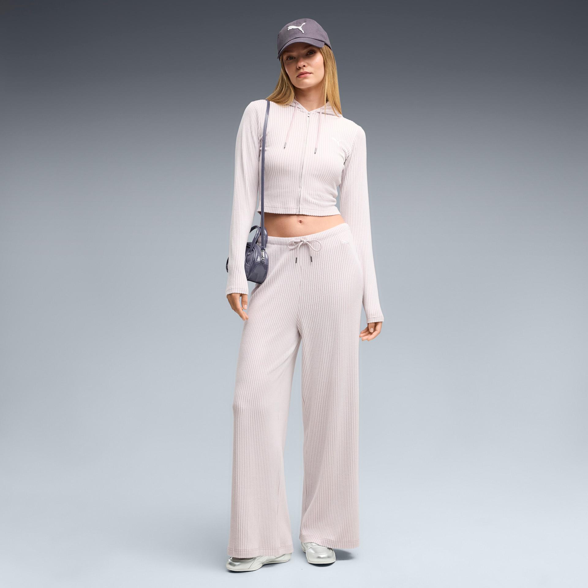 puma essentials women's ribbed wide leg pants in pink, size xs