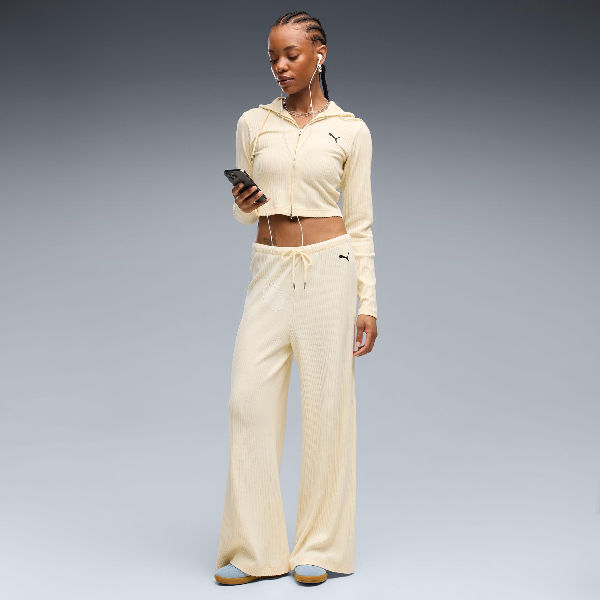 puma essentials women's ribbed wide leg pants in yellow, size s