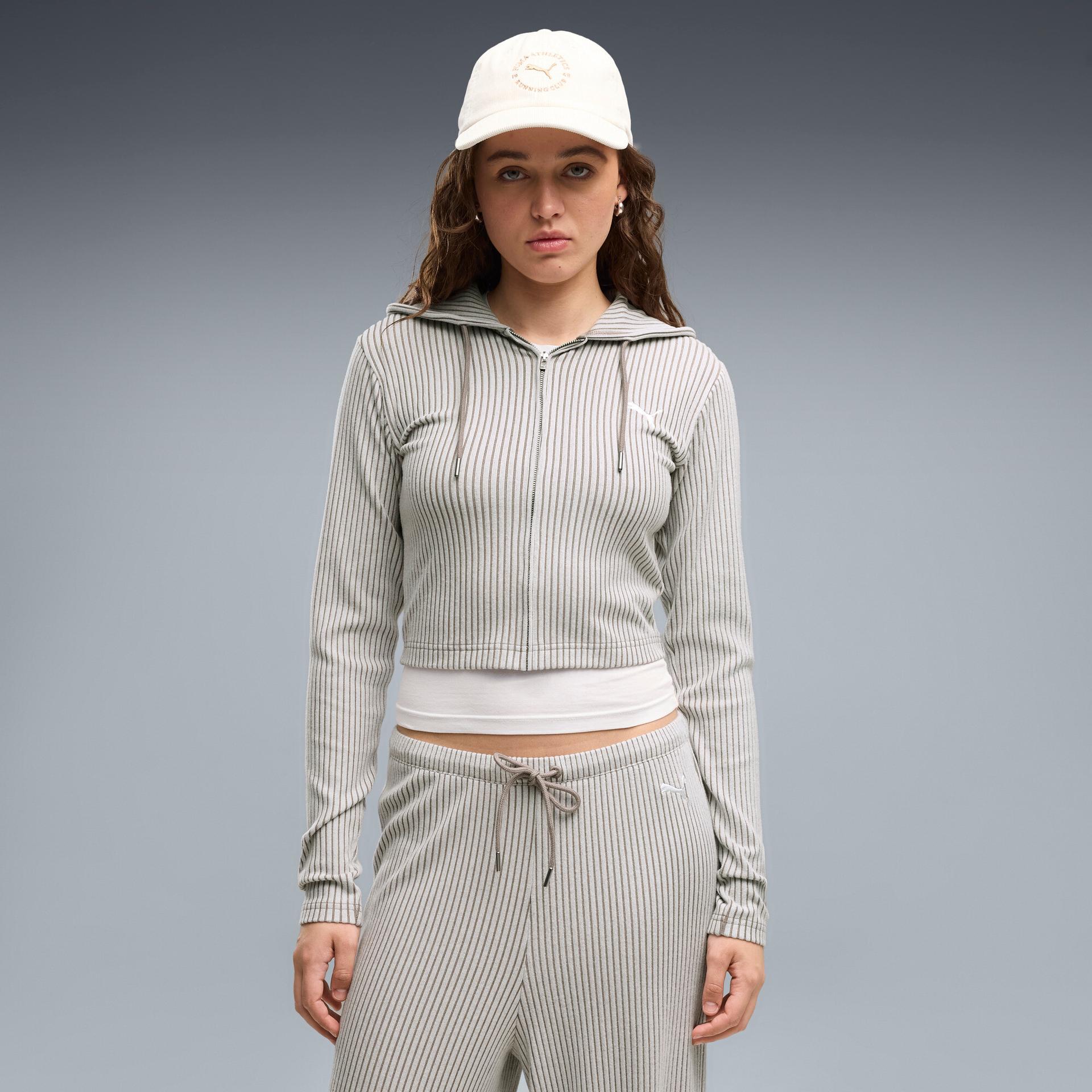 puma essentials women's ribbed zip-up hoodie in beige, size xl