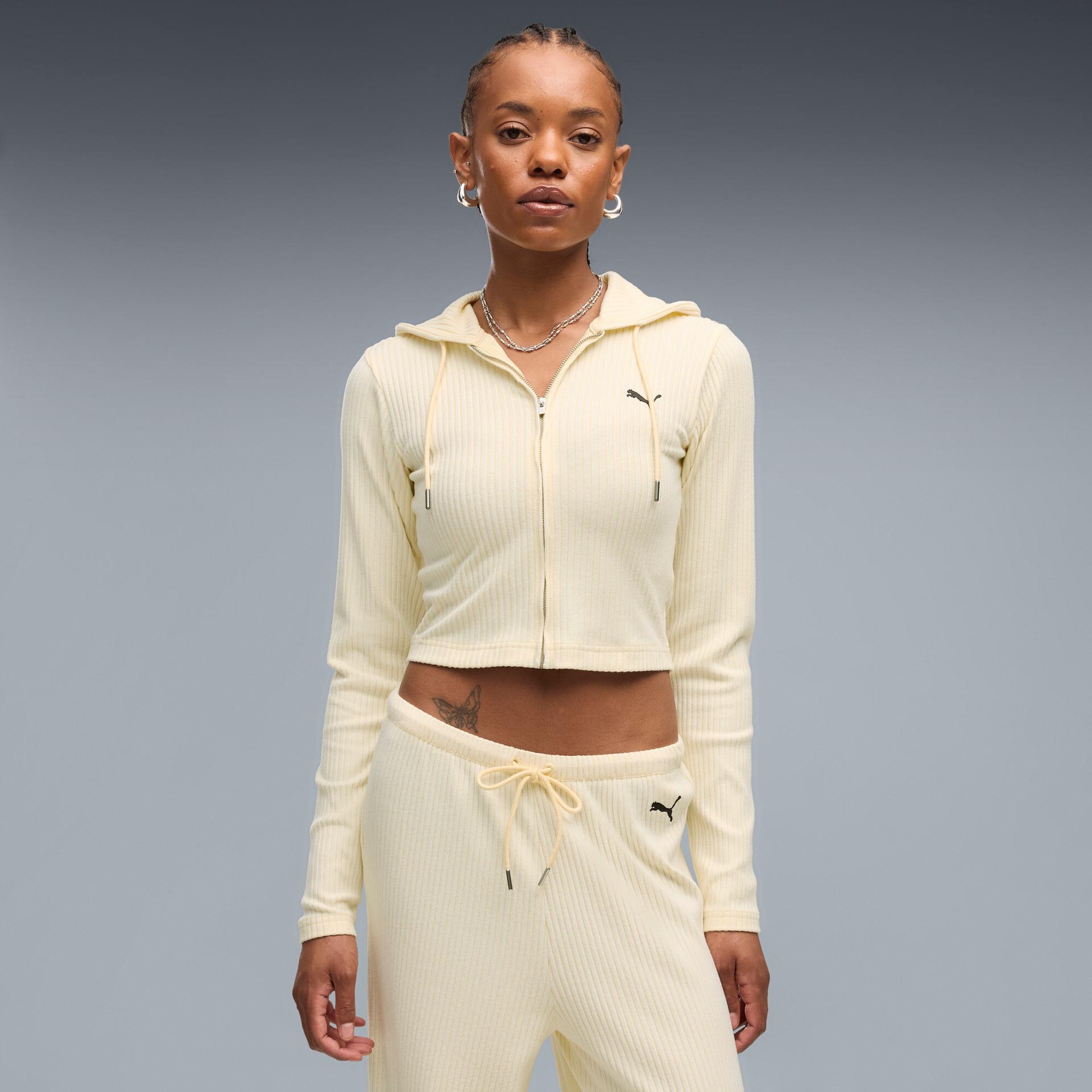 puma essentials women's ribbed zip-up hoodie in yellow, size xs