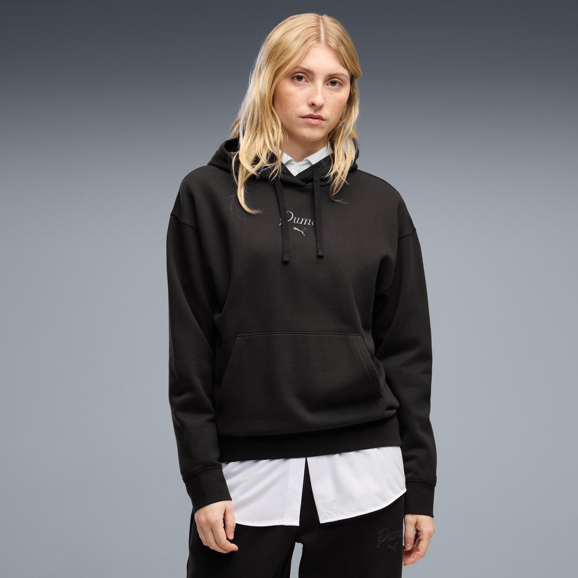 puma essentials women's script hoodie in black, size s