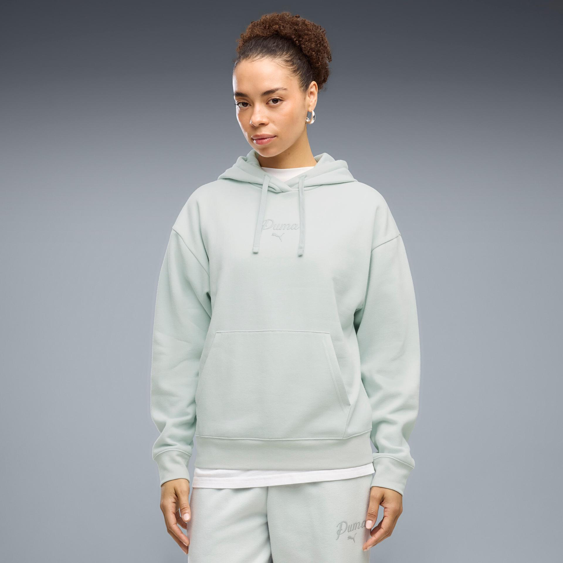 puma essentials women's script hoodie in green, size xl