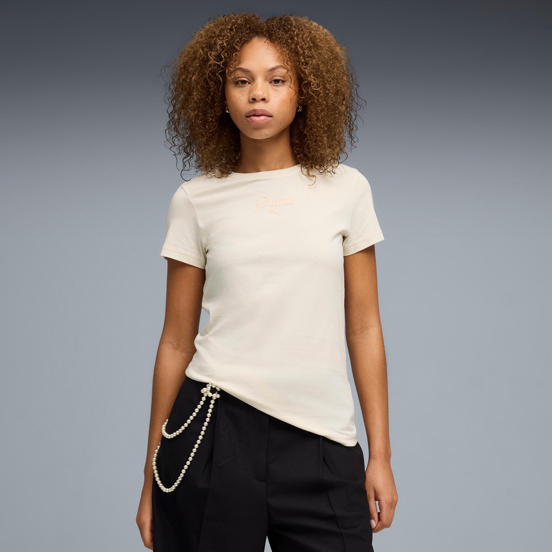 puma essentials women's script t-shirt in white, size xl