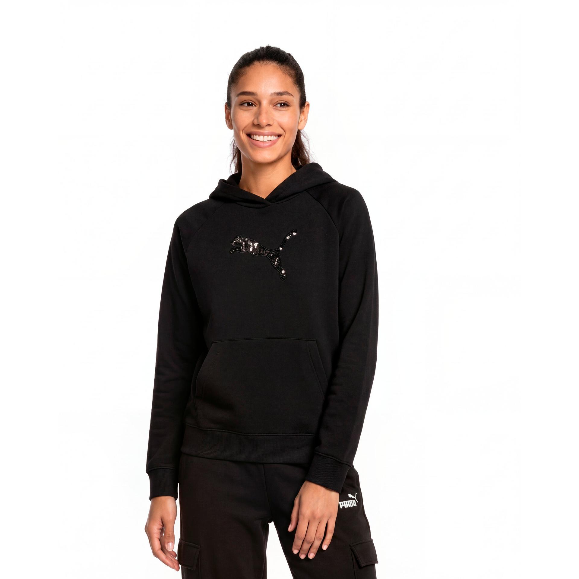 puma essentials women's sequin hoodie in black, size 3xl