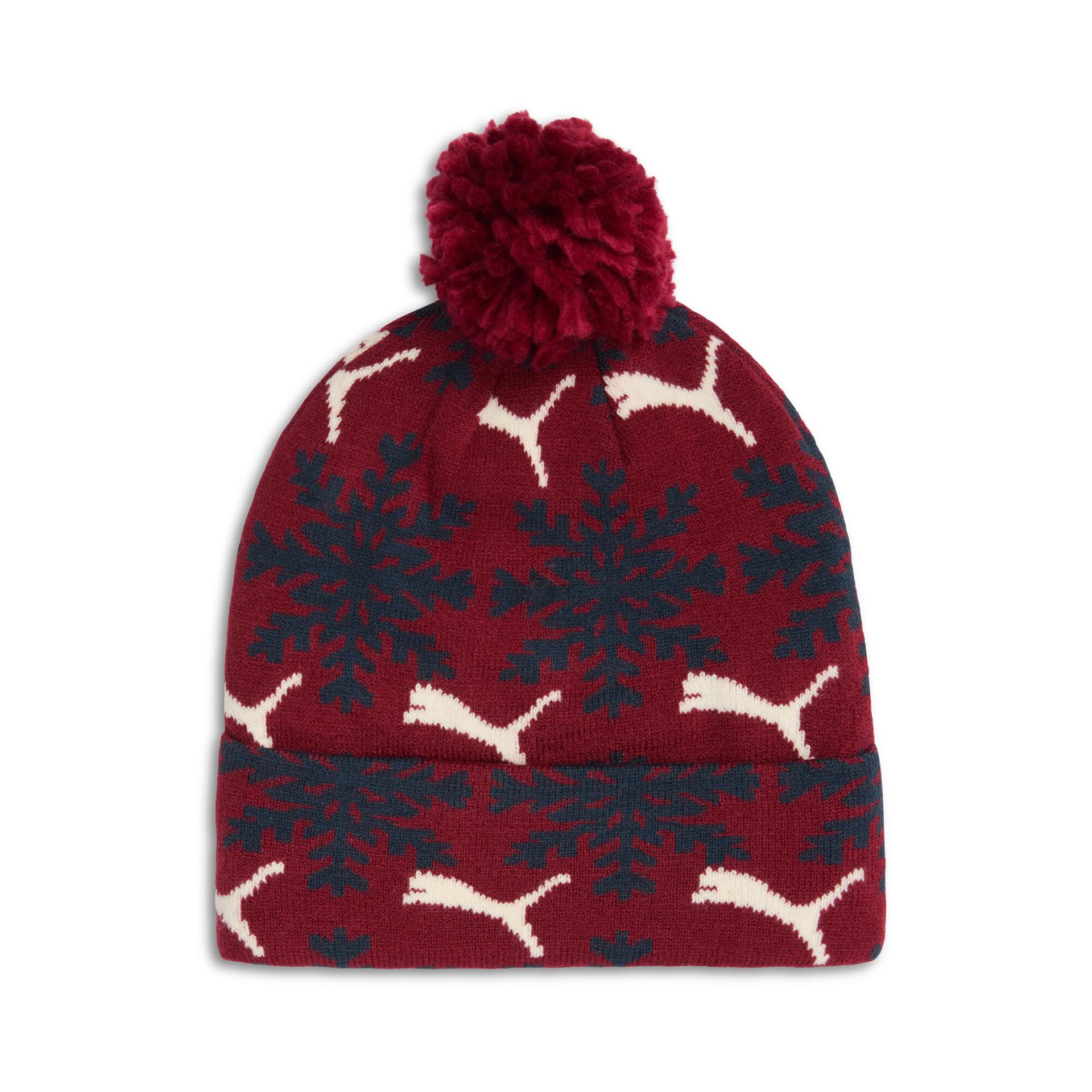 puma fair isle winter pom pom snowflake beanie hat in red