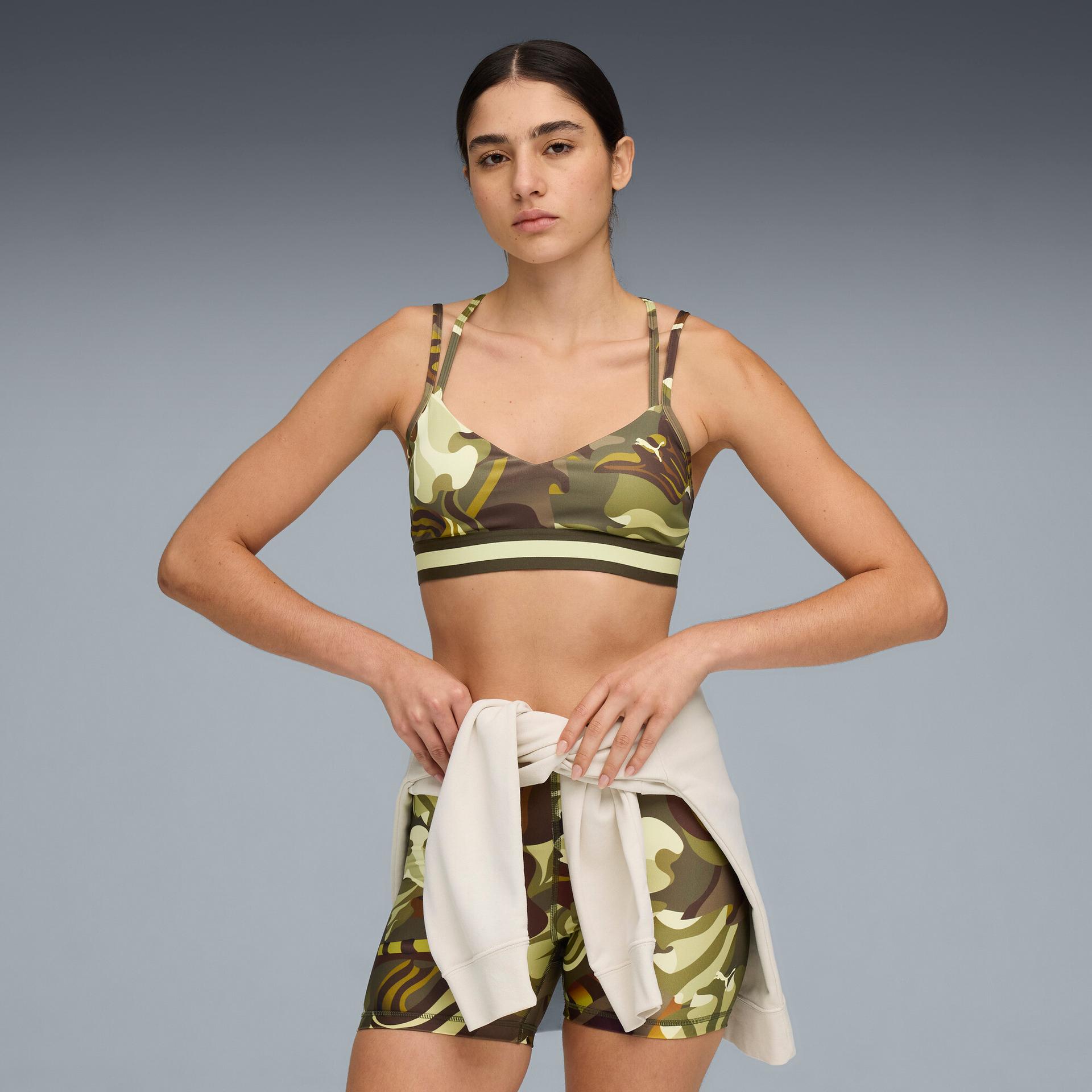 puma floral ribbon women's moisture wicking, low impact sports bra in green, size l