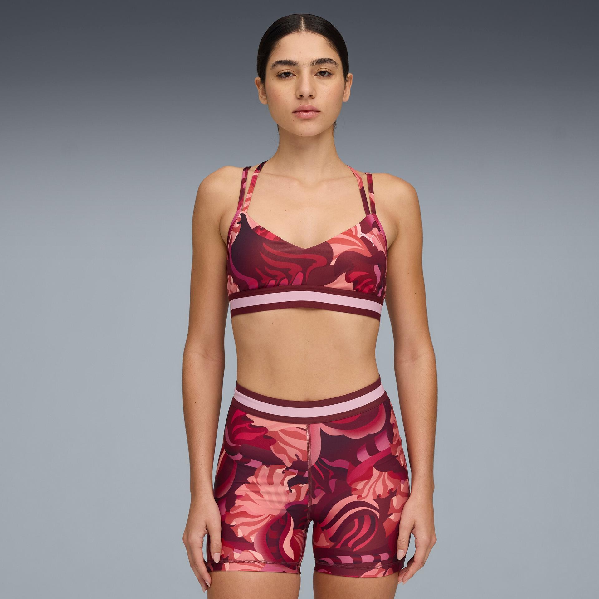 puma floral ribbon women's moisture wicking, low impact sports bra in red, size xs