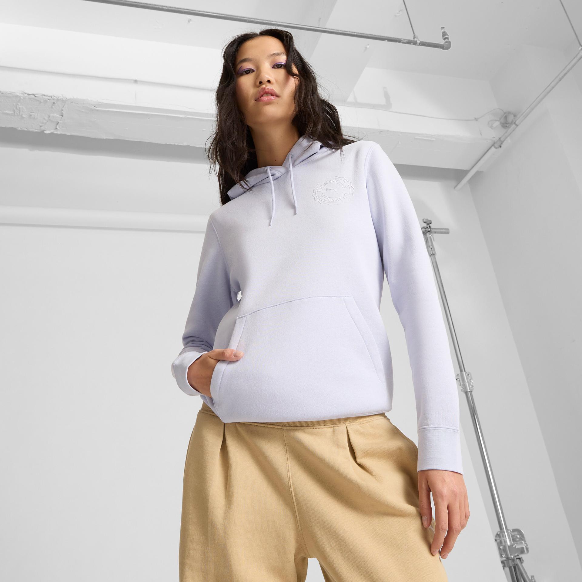 puma graphics emblem women's hoodie in blue, size m