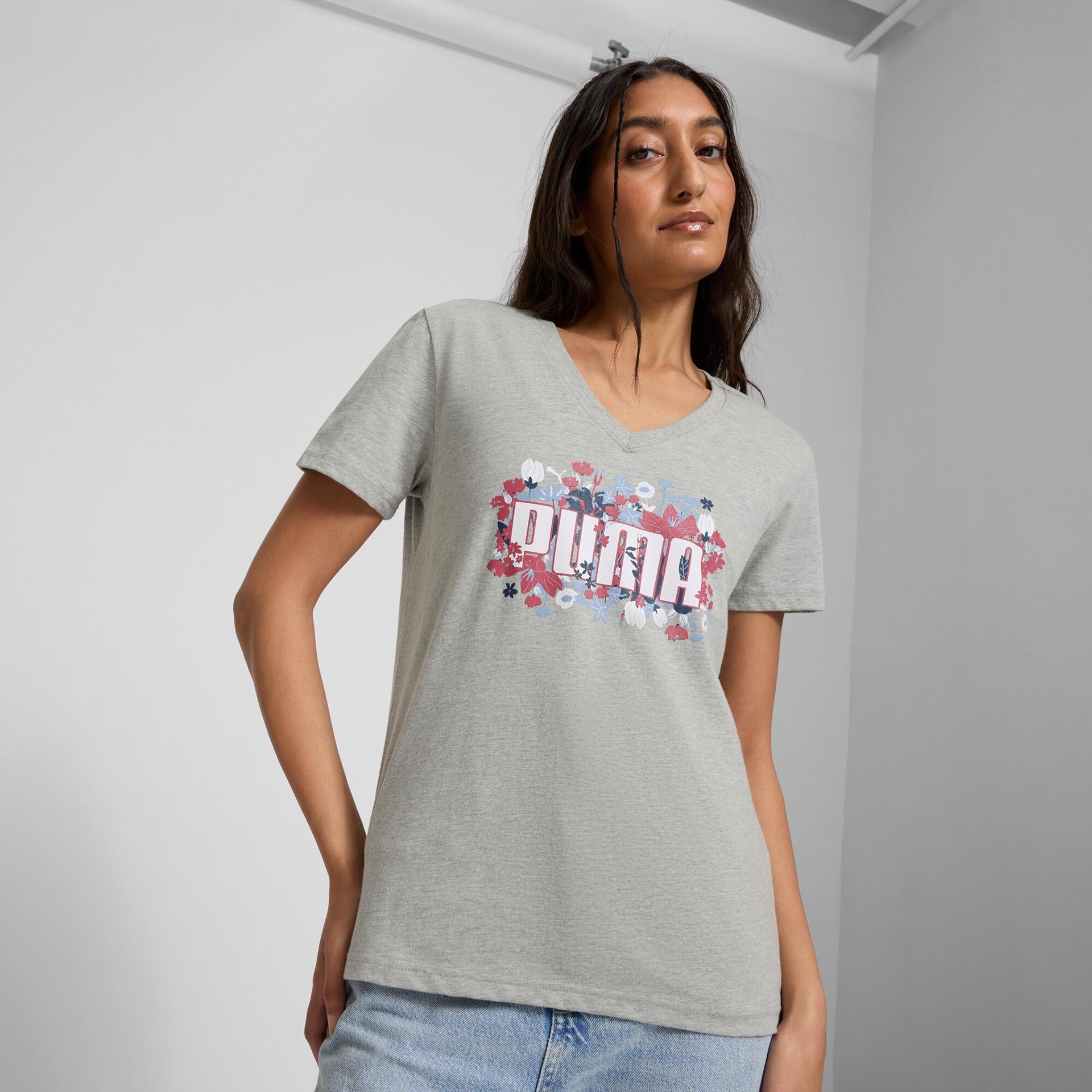 puma graphics floral women's t-shirt in grey, size s