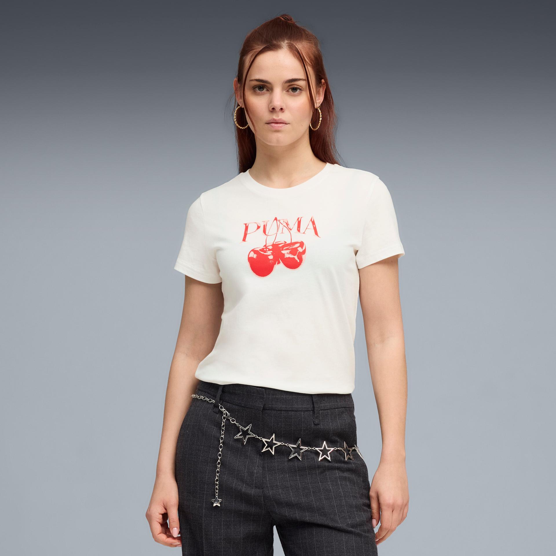 puma graphics pack women's cherry graphic t-shirt in white, size xs