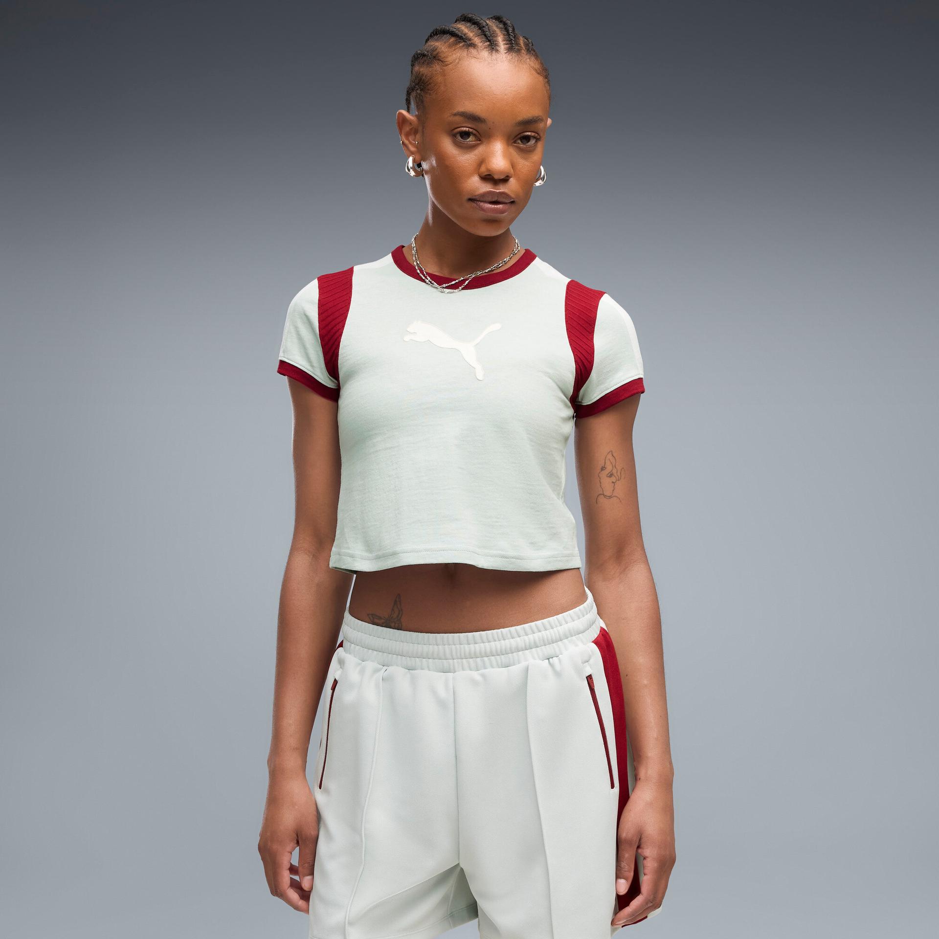 puma graphics women's ringer baby t-shirt in green, size s