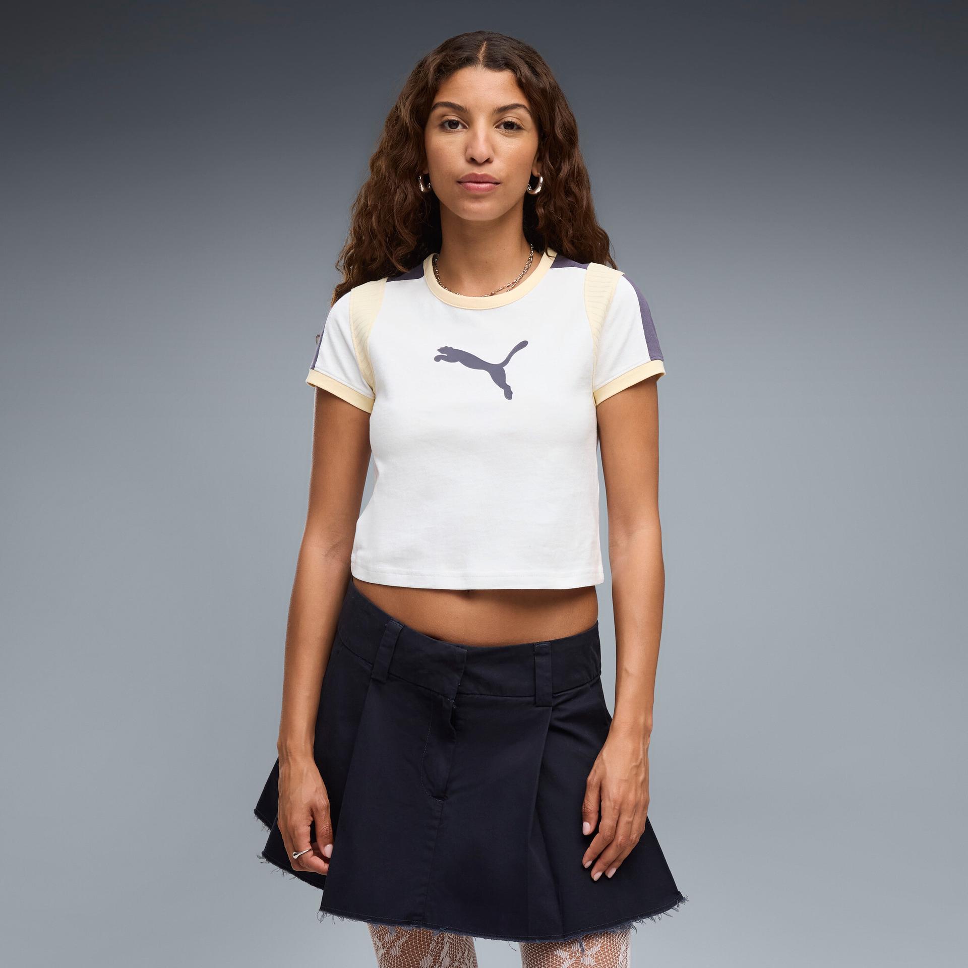 puma graphics women's ringer baby t-shirt in white, size l