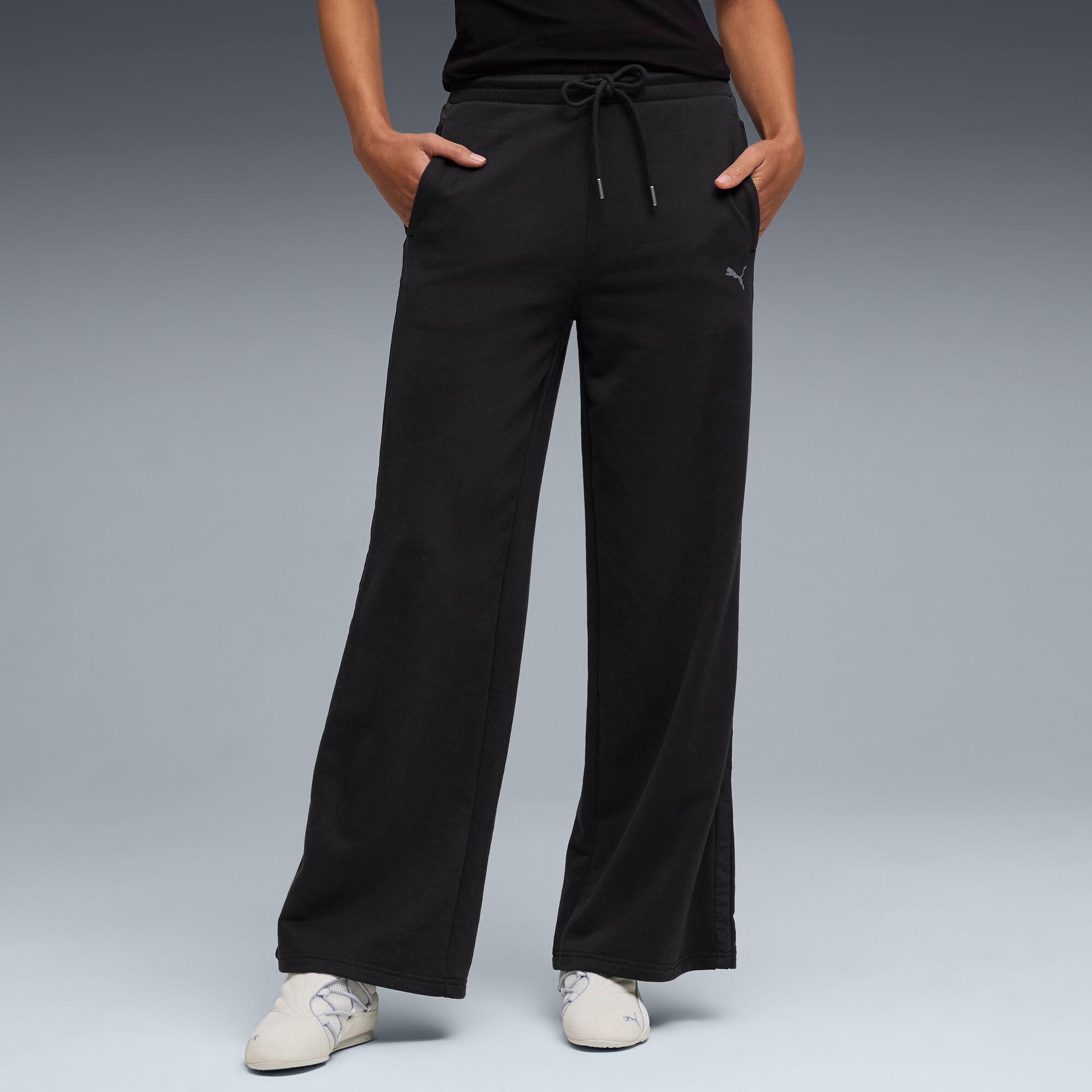 puma her women's high waist, wide leg pants in black, size m