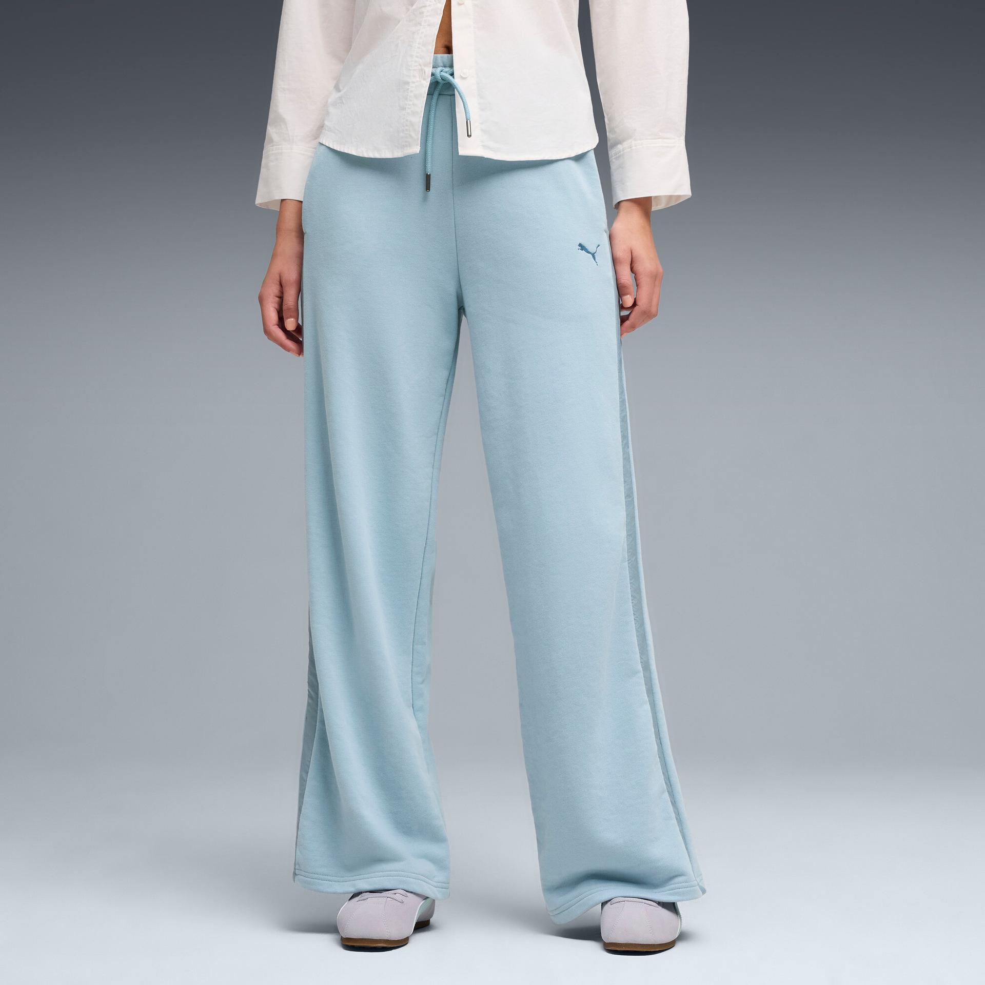 puma her women's high waist, wide leg pants in blue, size m