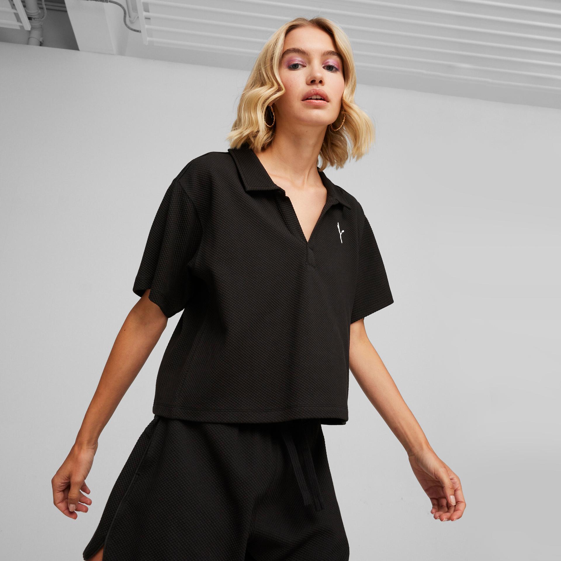 puma her women's polo shirt in black, size s