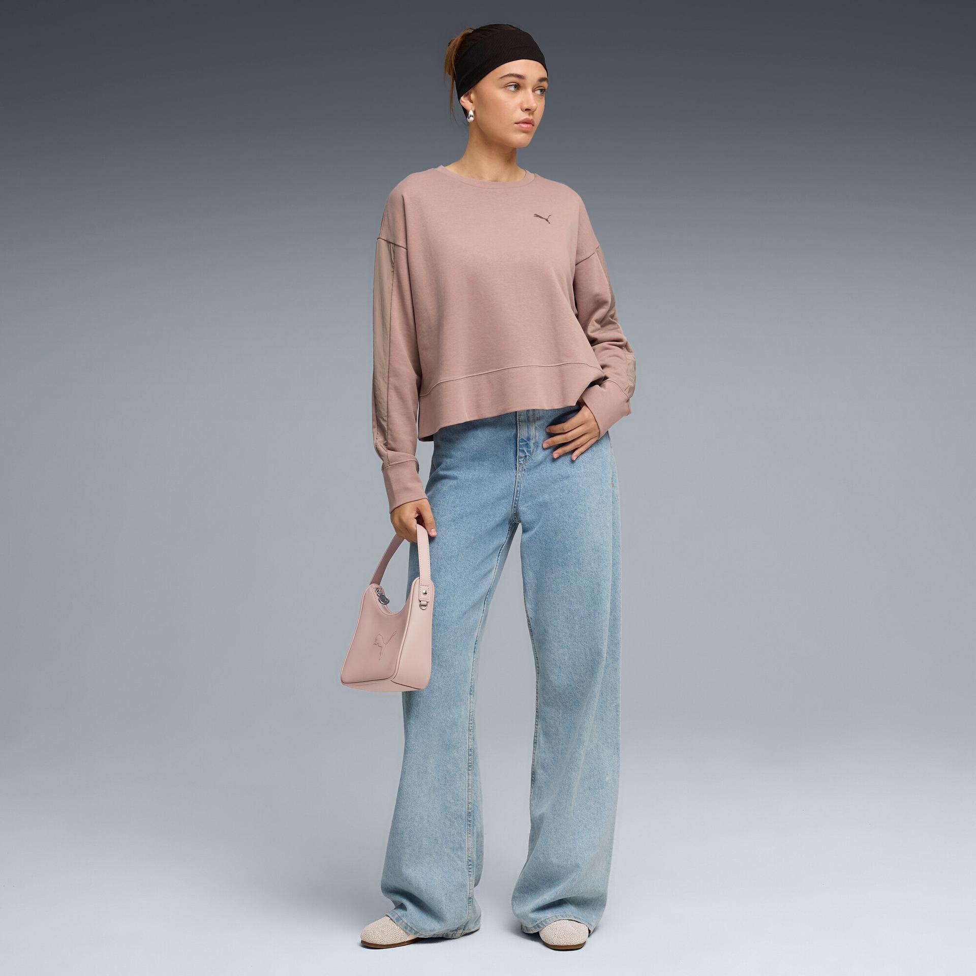 puma her women's relaxed crew neck sweatshirt in beige, size xxs