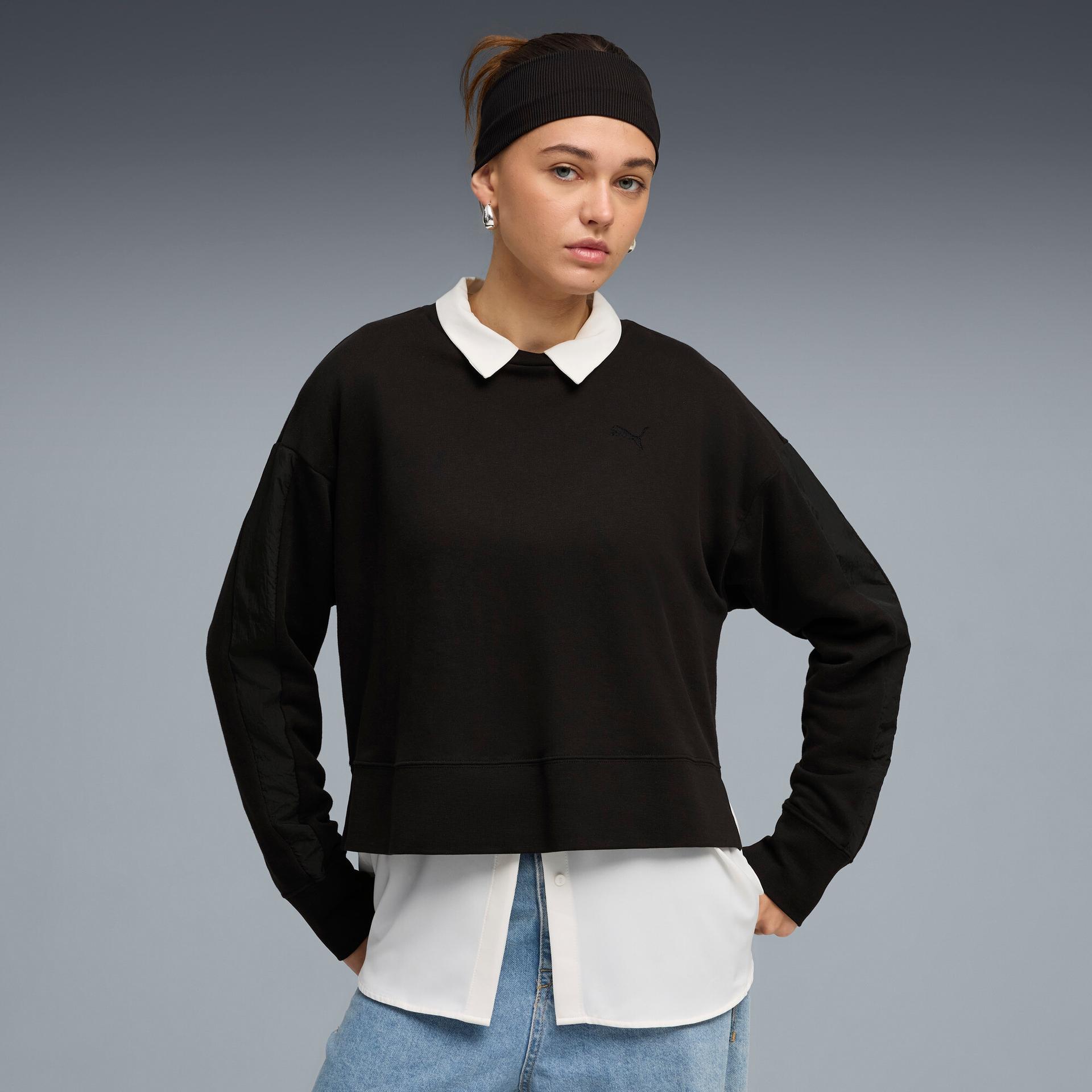 puma her women's relaxed crew neck sweatshirt in black, size s