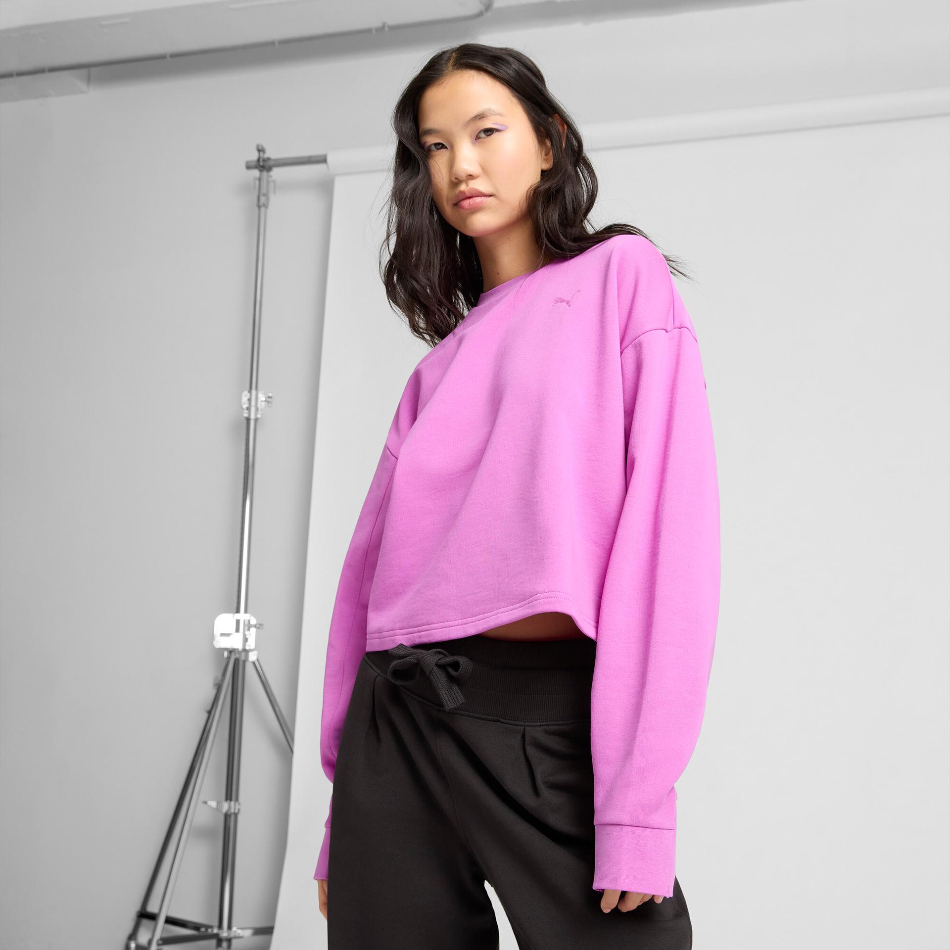 puma her women's relaxed crew sweatshirt in purple, size s