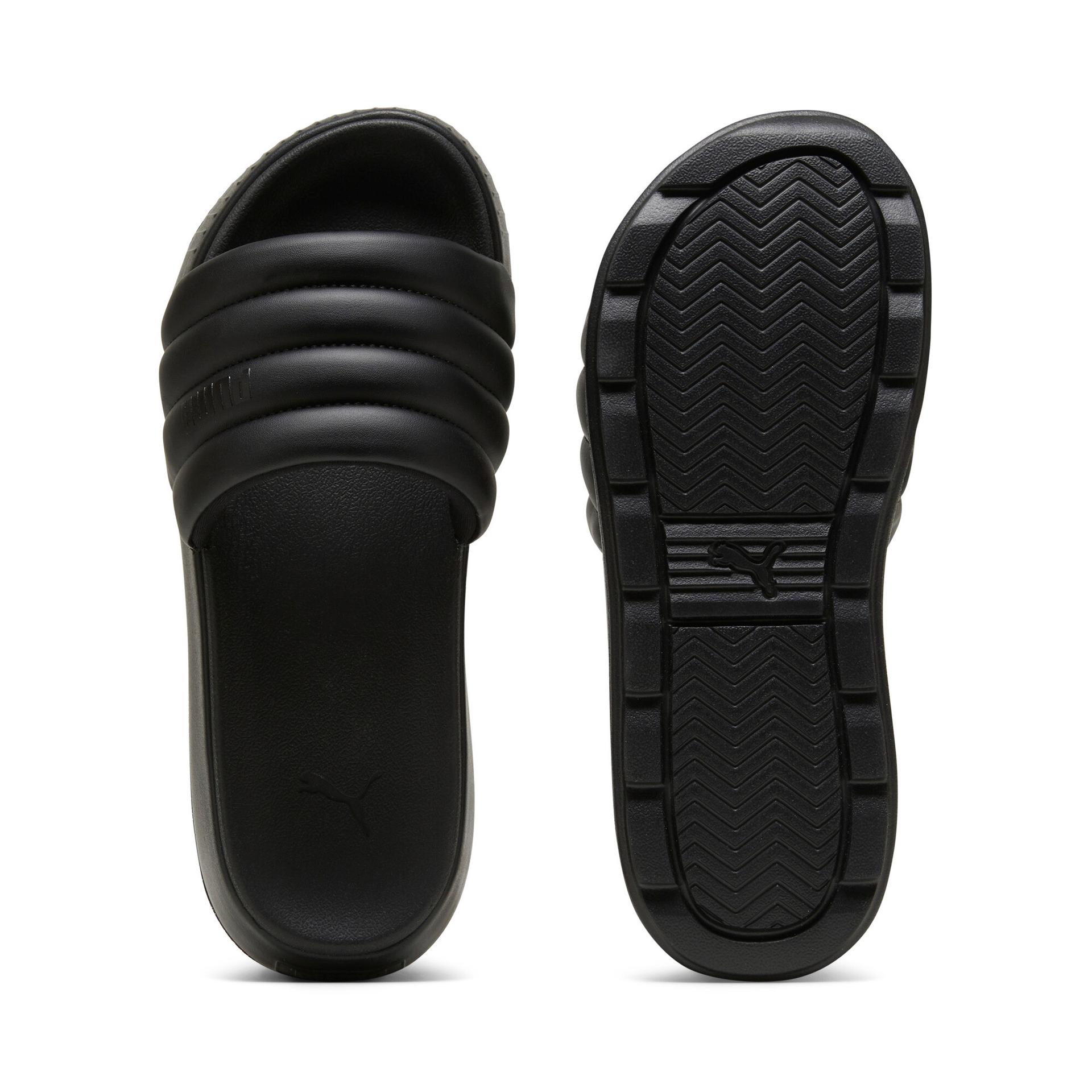 puma karmen puffy women's slides in black, size 7