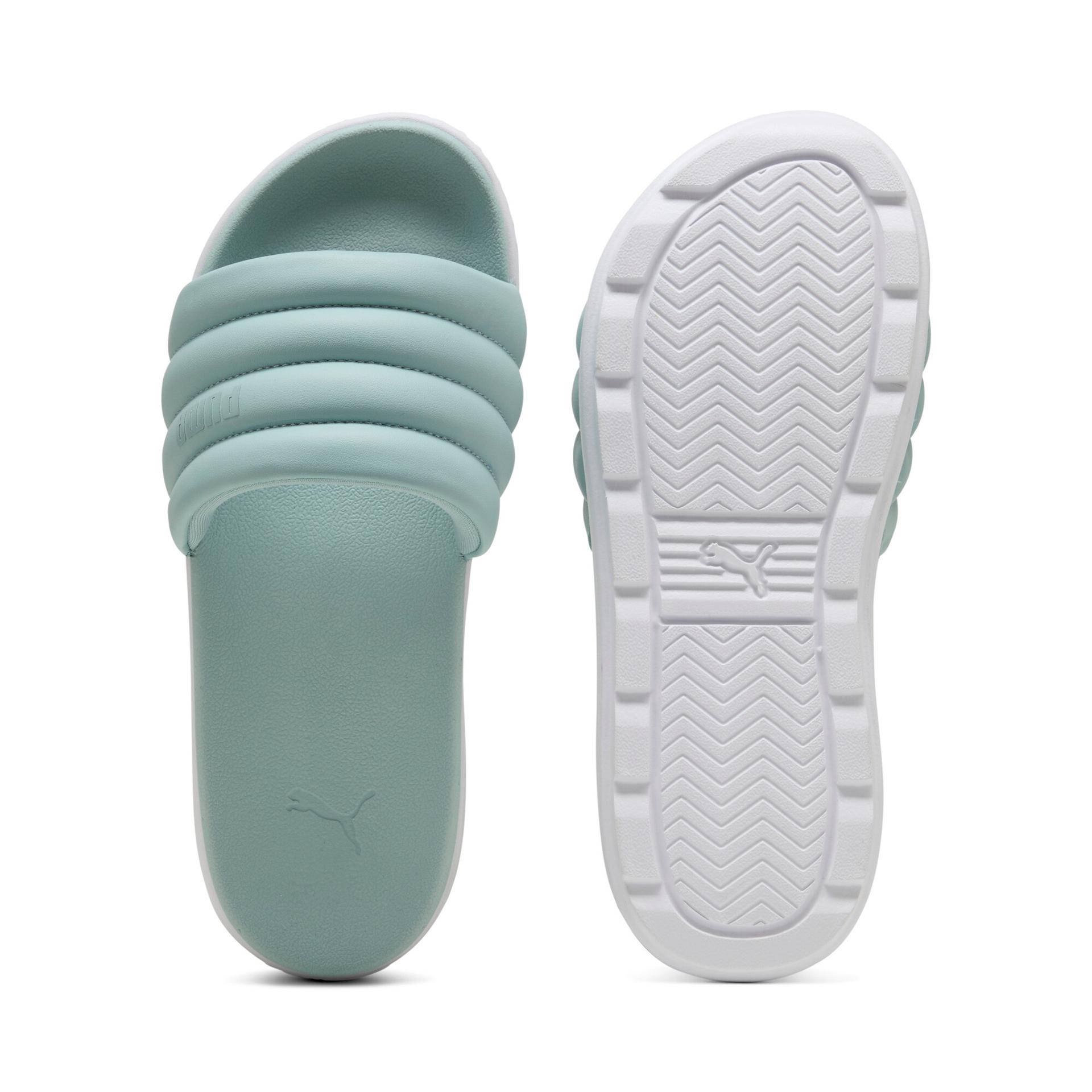 puma karmen puffy women's slides in green, size 9