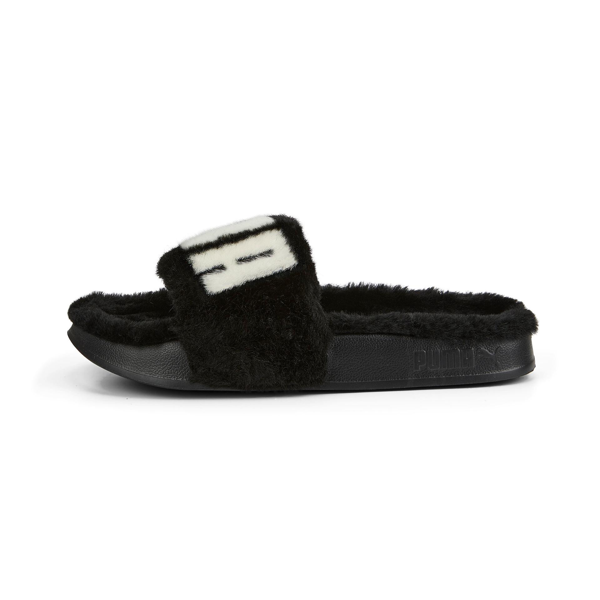 puma leadcat 2.0 fuzz women's slides in black, size 9
