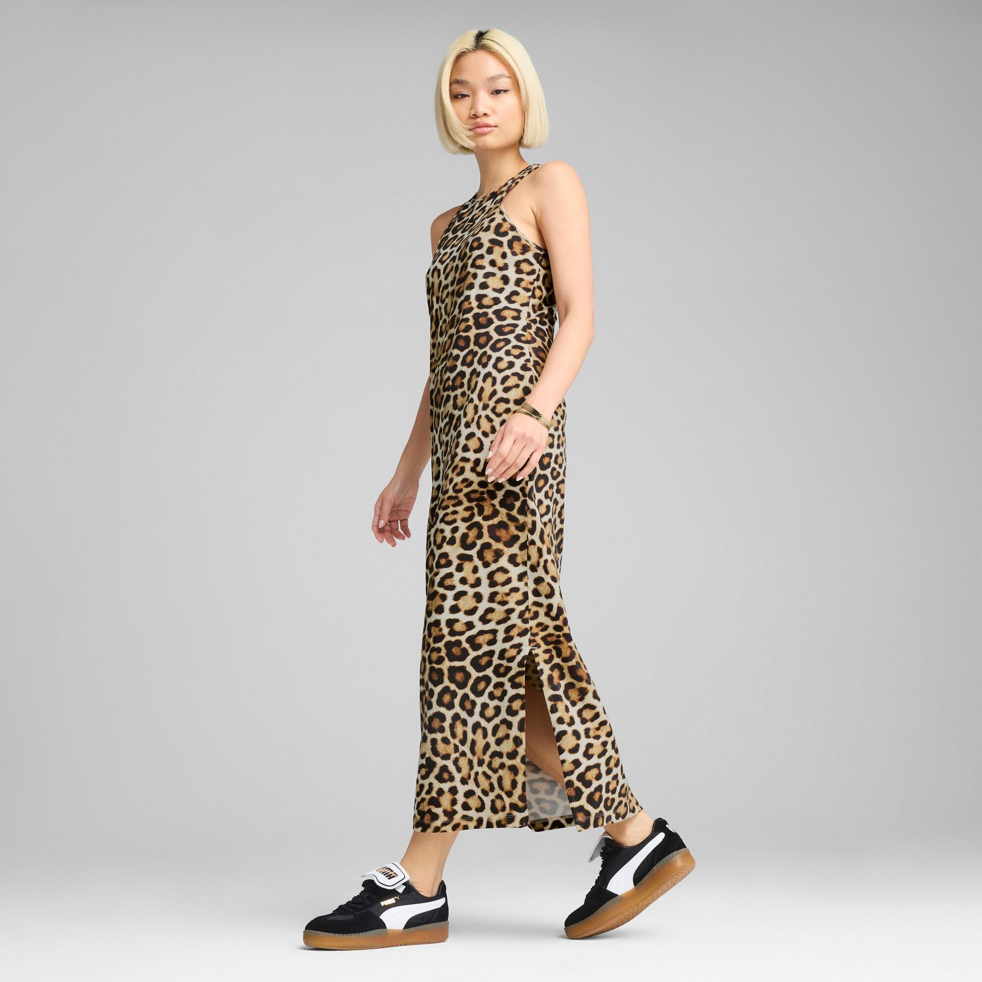 puma leopard luxe women's animal print slim dress in white, size m