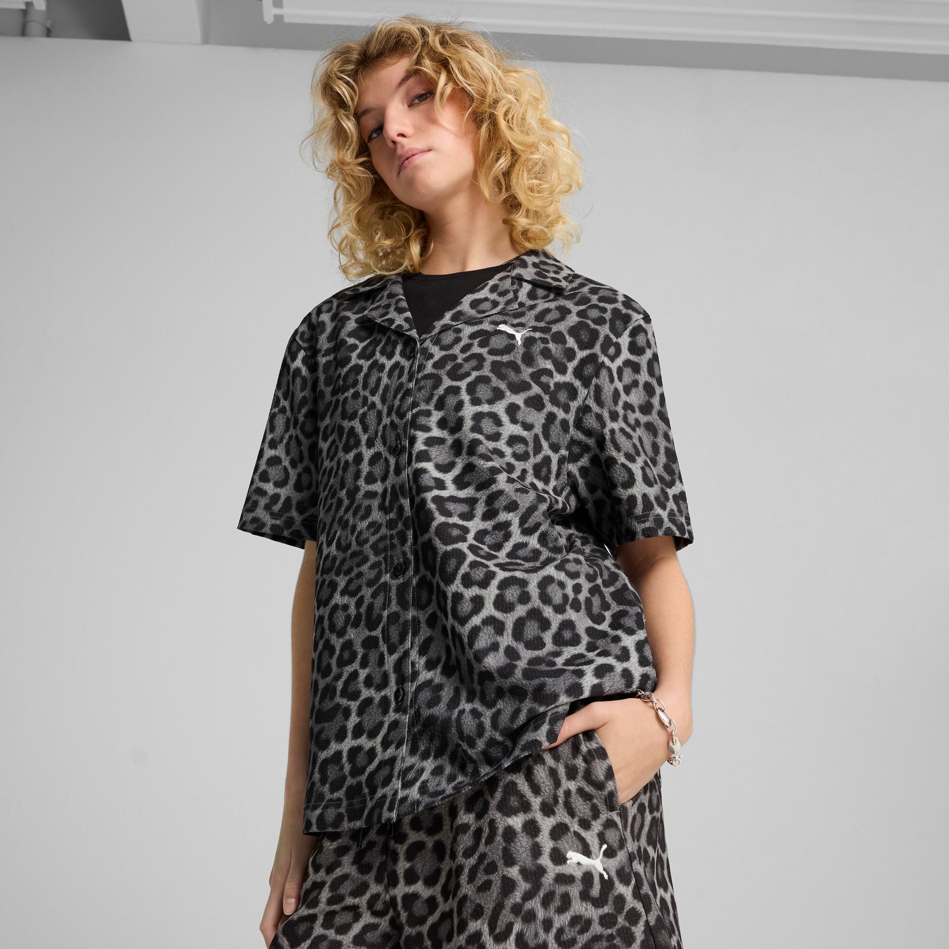 puma leopard luxe women's relaxed all-over print woven shirt in black, size s
