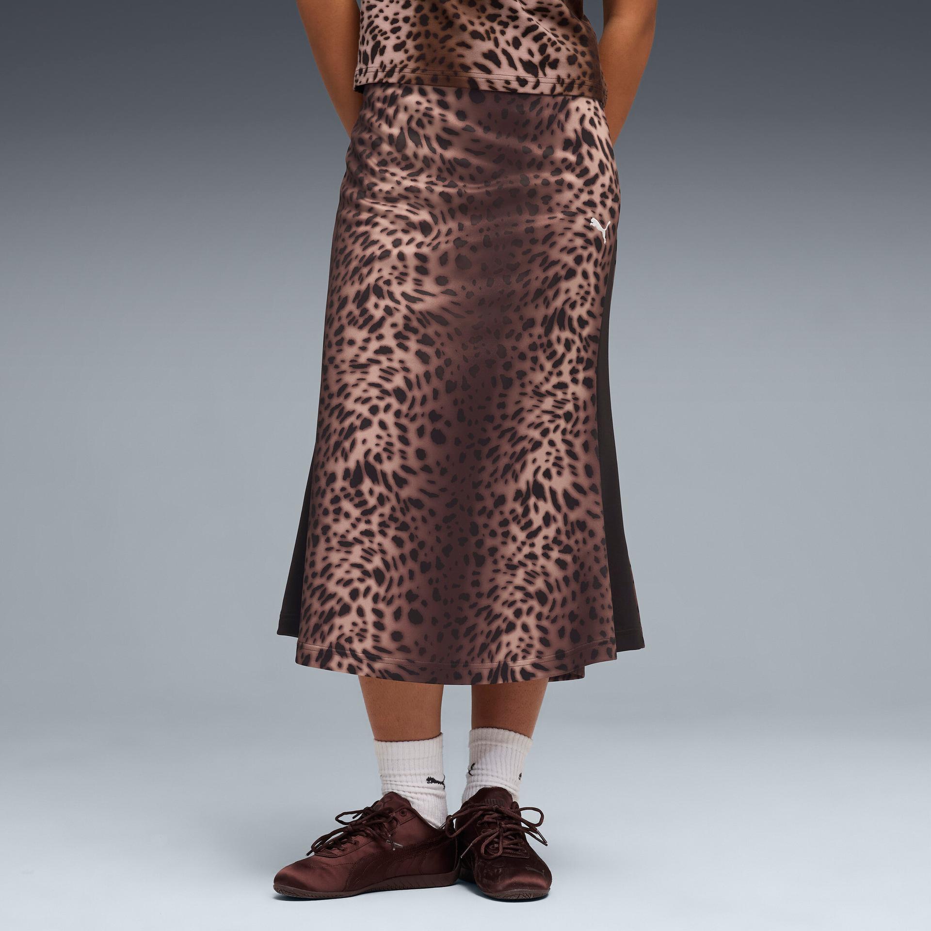 puma leopard luxe women's t7 midi skirt in black, size l