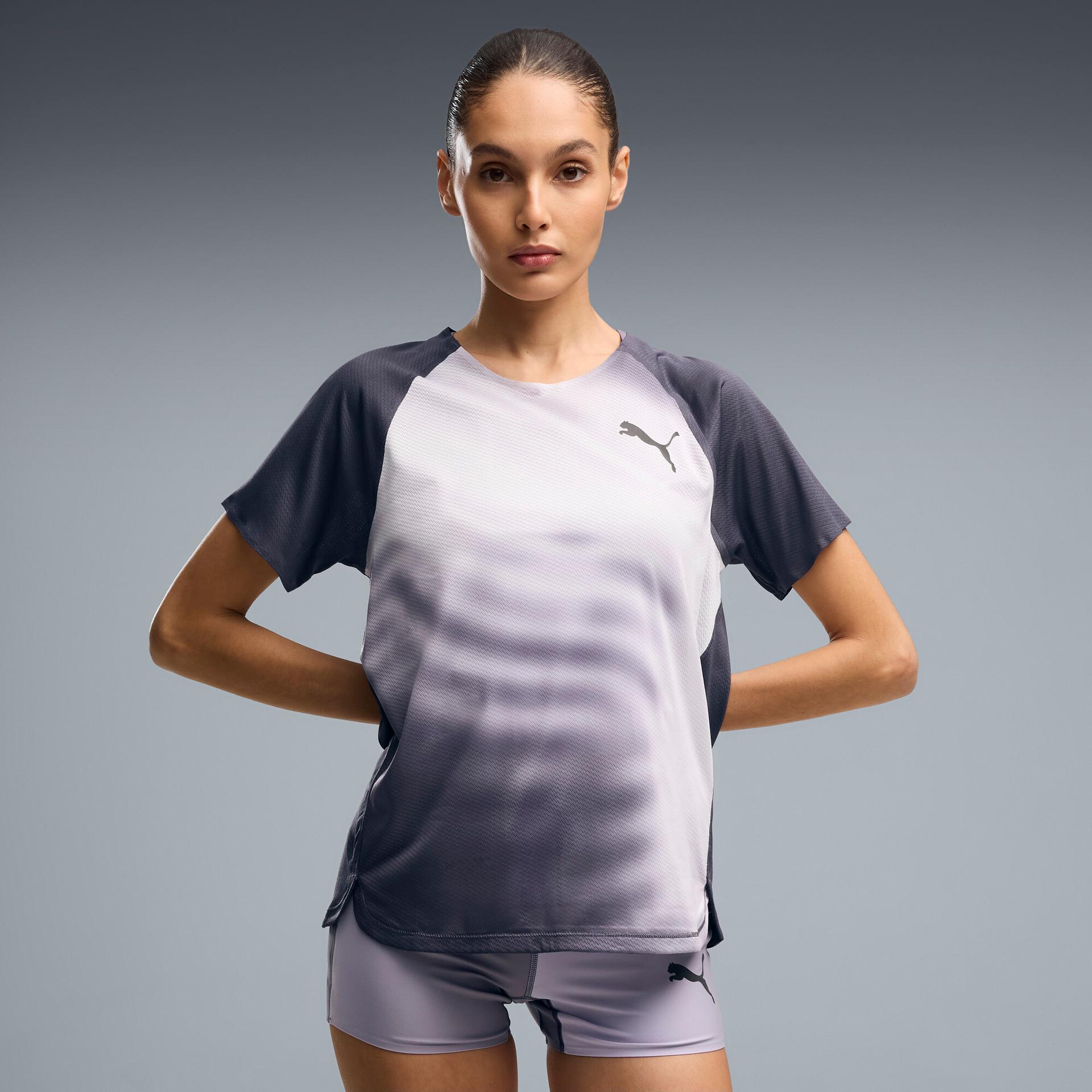 puma lightspeed women's graphic running t-shirt in grey, size s