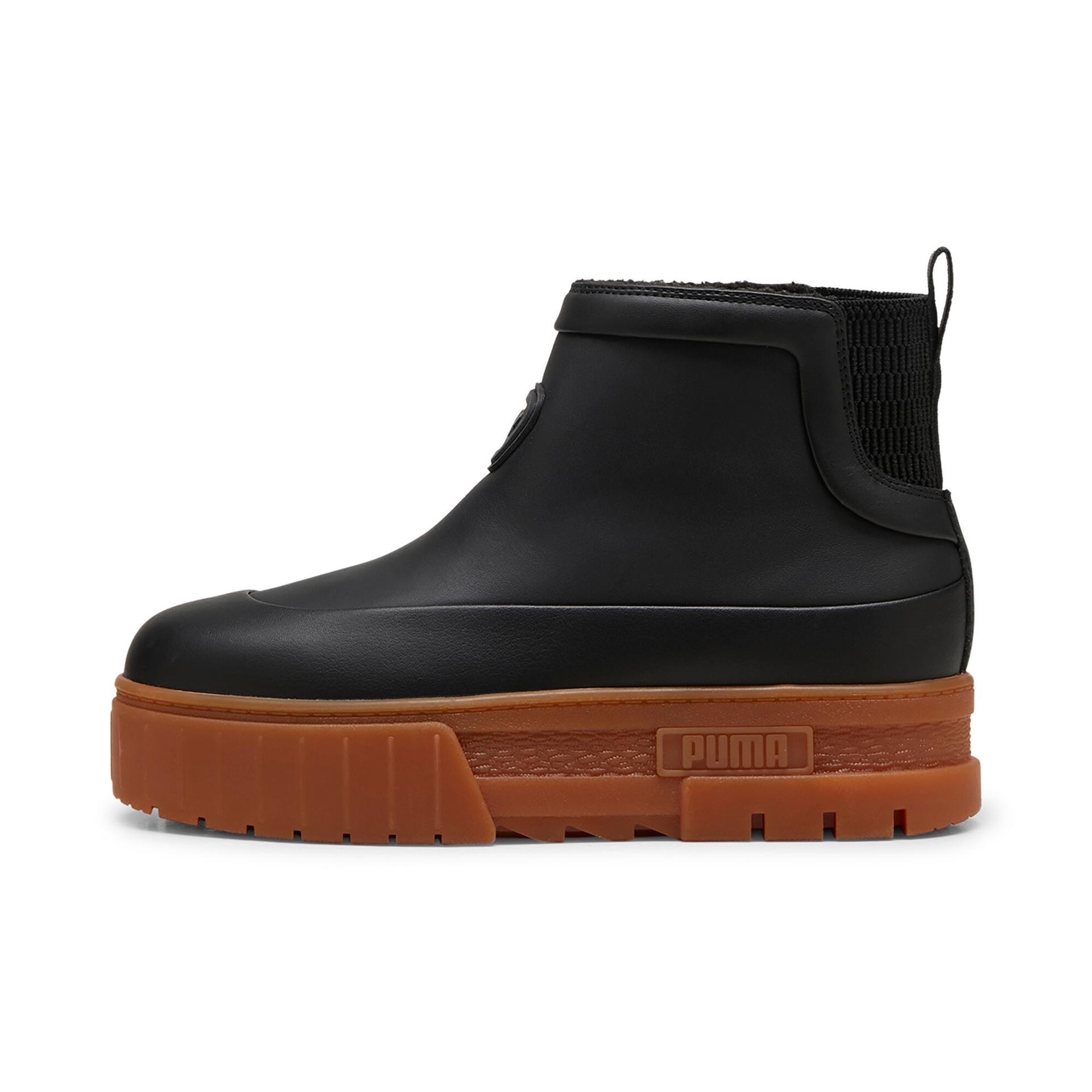 puma mayze wellis leather mid women's boot in black, size 6.5